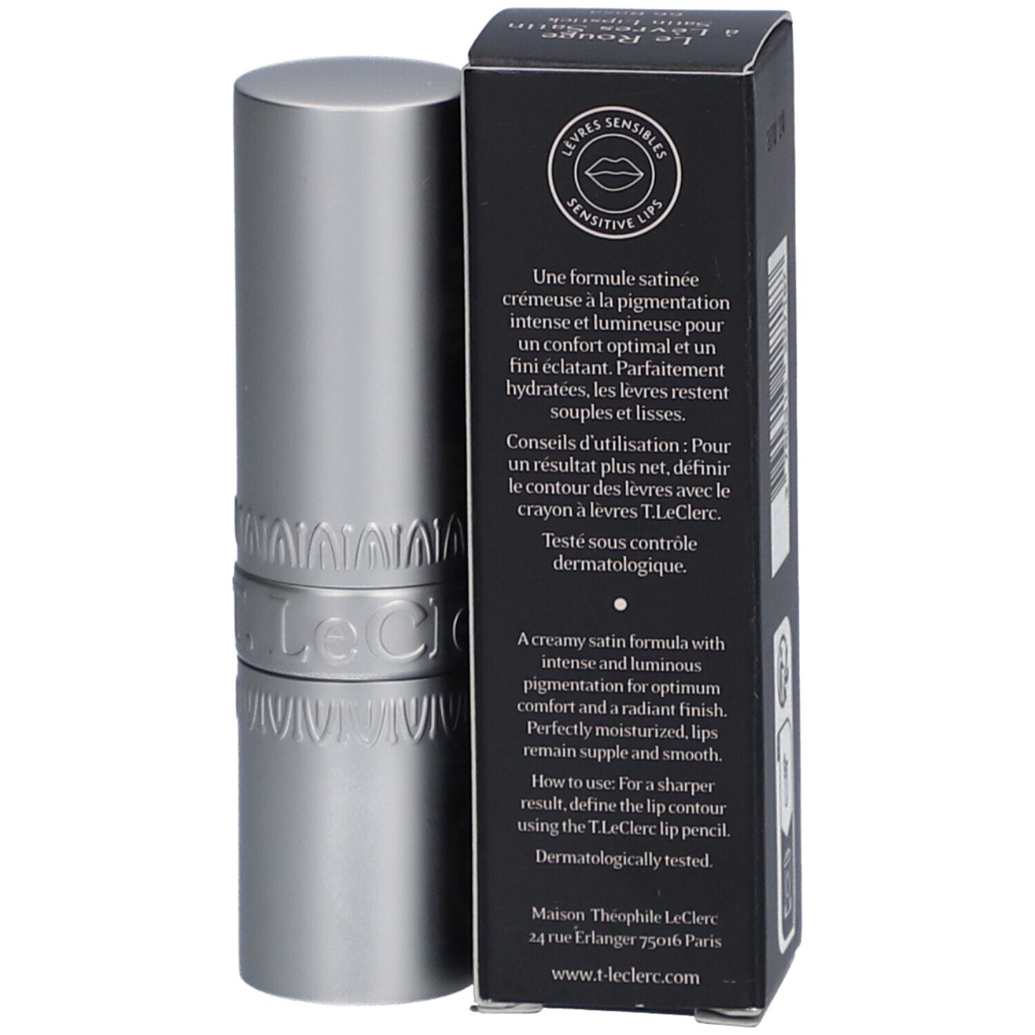 Lippenstift und Schachtel. Rückseite der Schachtel mit Produktinformationen. Marke: T. LeClerc.