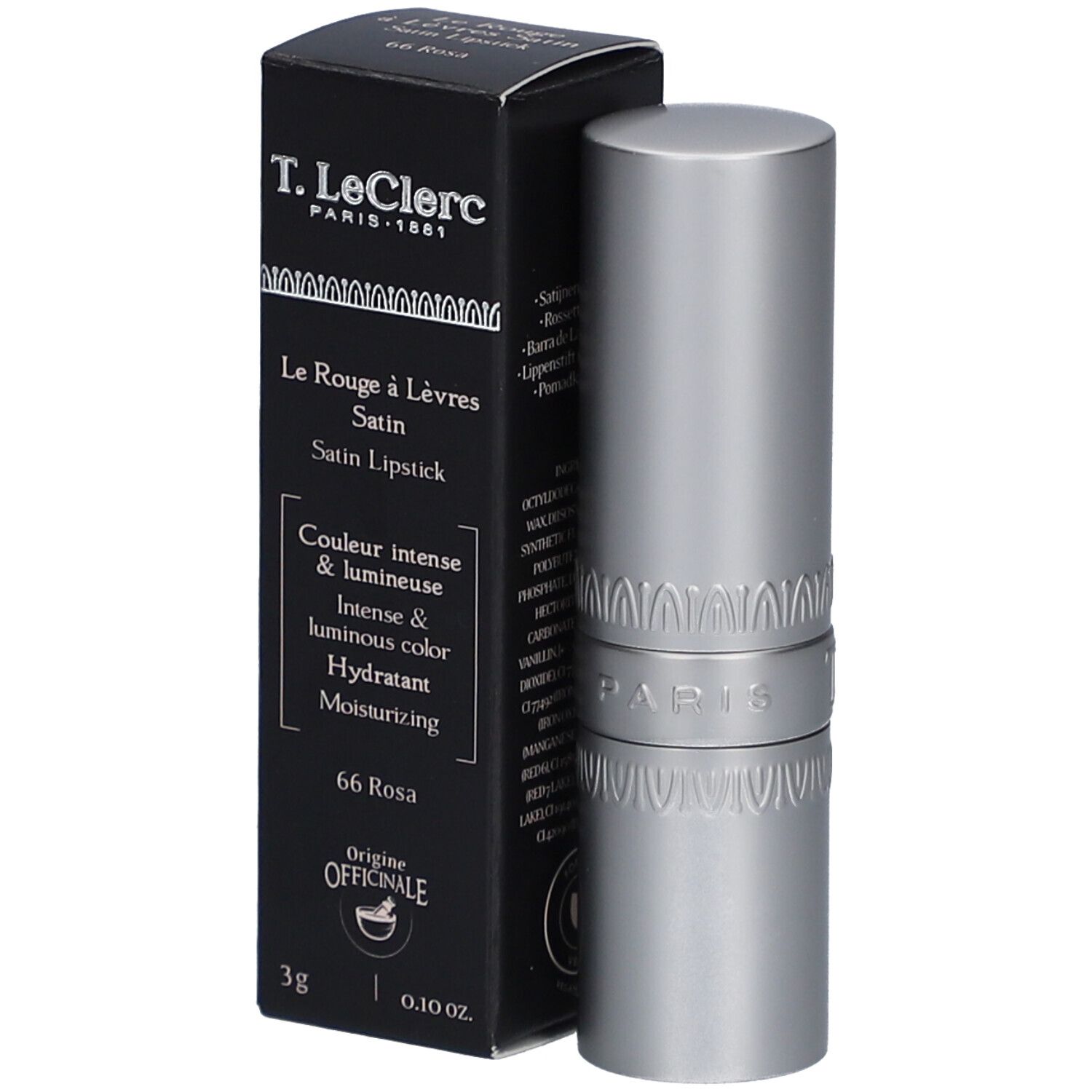 Lippenstift und Schachtel. Lippenstift silberfarben, Schachtel schwarz mit Produktinformationen. Marke: T. LeClerc.