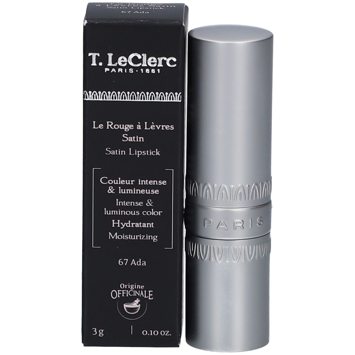 T.LeClerc Lippenstift Satin Ada 67. Schwarze Verpackung und silberner Lippenstift. Text: Le Rouge à Lèvres Satin, 3g, 0.10 oz.