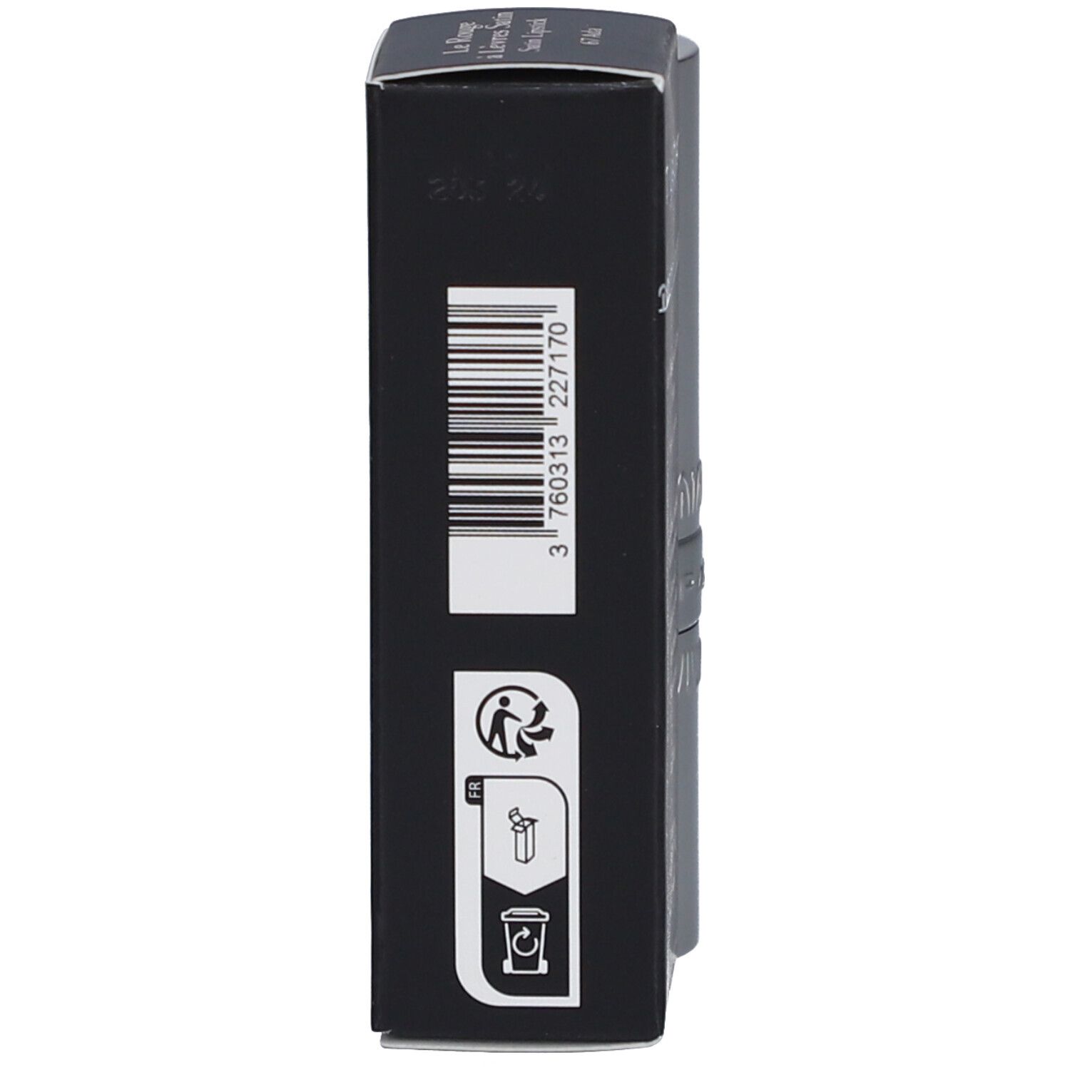 Schwarze Verpackung des T.LeClerc Lippenstifts. Barcode, Recycling-Symbole. Text: Le Rouge à Lèvres Satin.