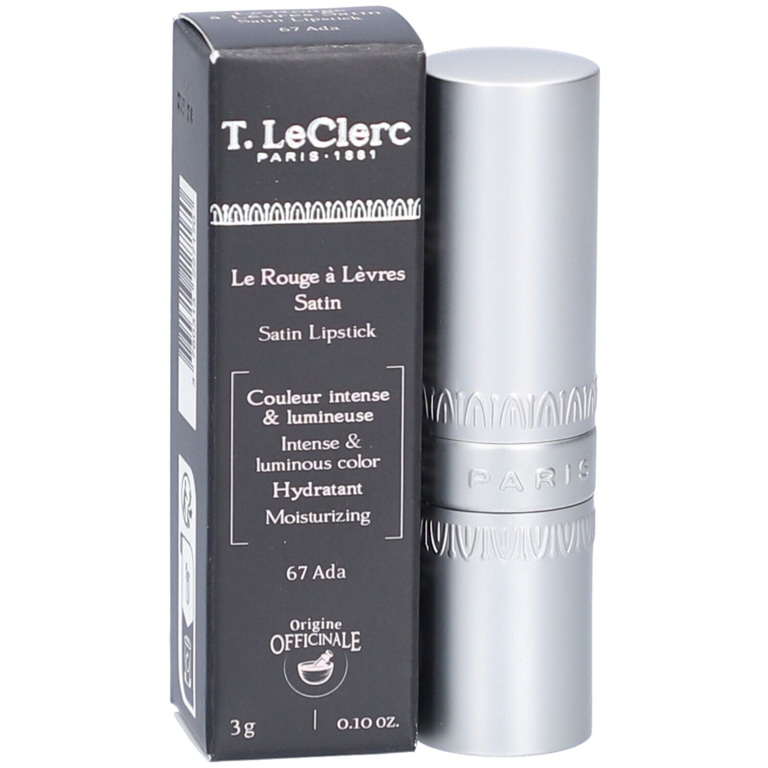 T.LeClerc Lippenstift Satin Ada 67. Schwarze Verpackung und silberner Lippenstift. Text: Le Rouge à Lèvres Satin, 3g, 0.10 oz.