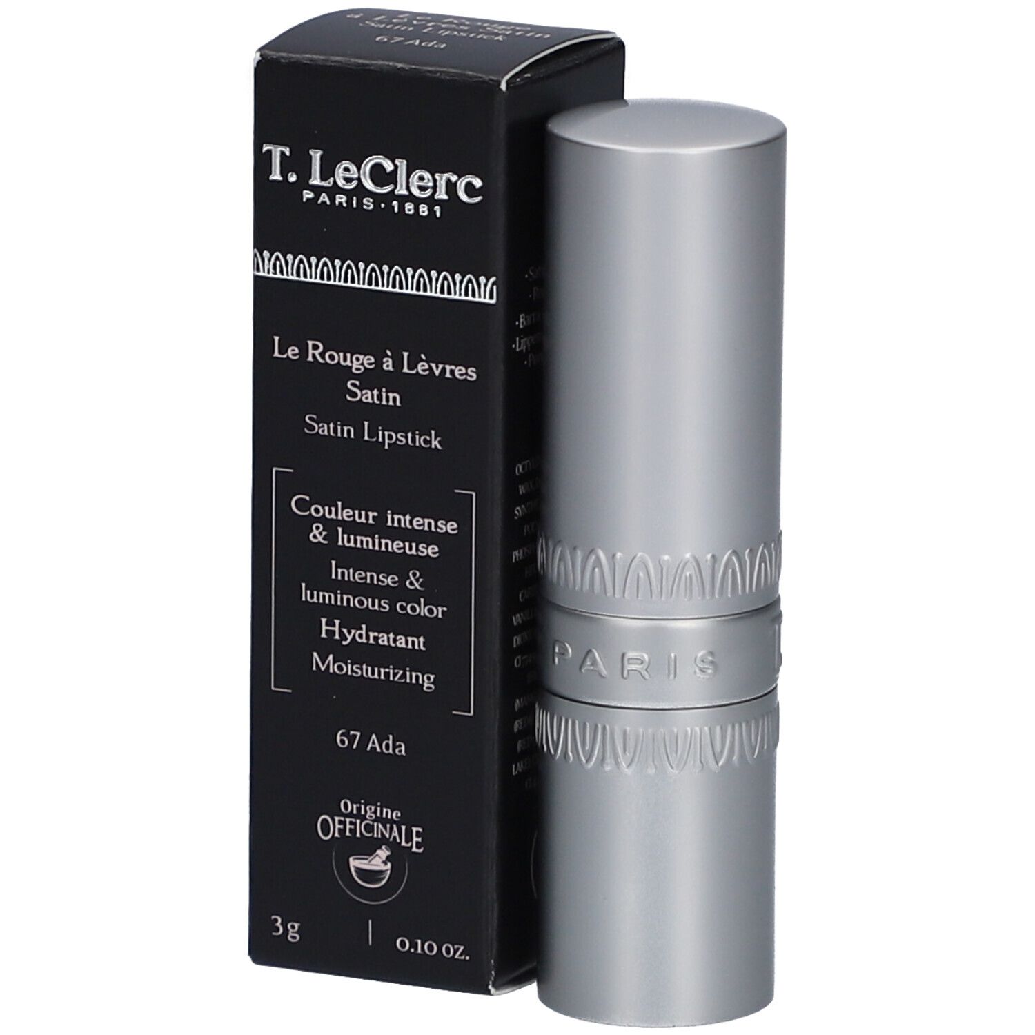 T.LeClerc Lippenstift Satin Ada 67. Schwarze Verpackung und silberner Lippenstift. Text: Le Rouge à Lèvres Satin, 3g, 0.10 oz.