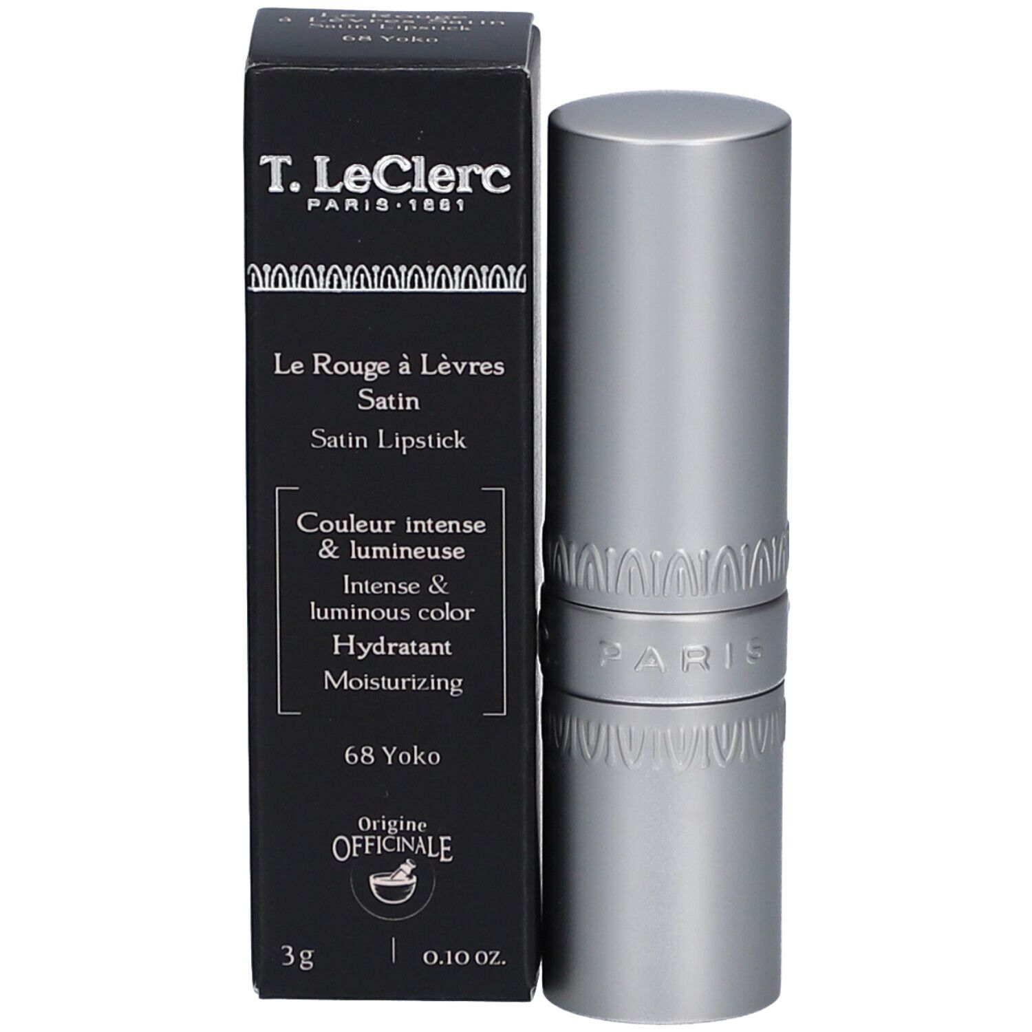 Lippenstift und Schachtel. Silberfarbener Lippenstift mit schwarzer Schachtel. Auf der Schachtel steht "T. LeClerc Paris 1881".