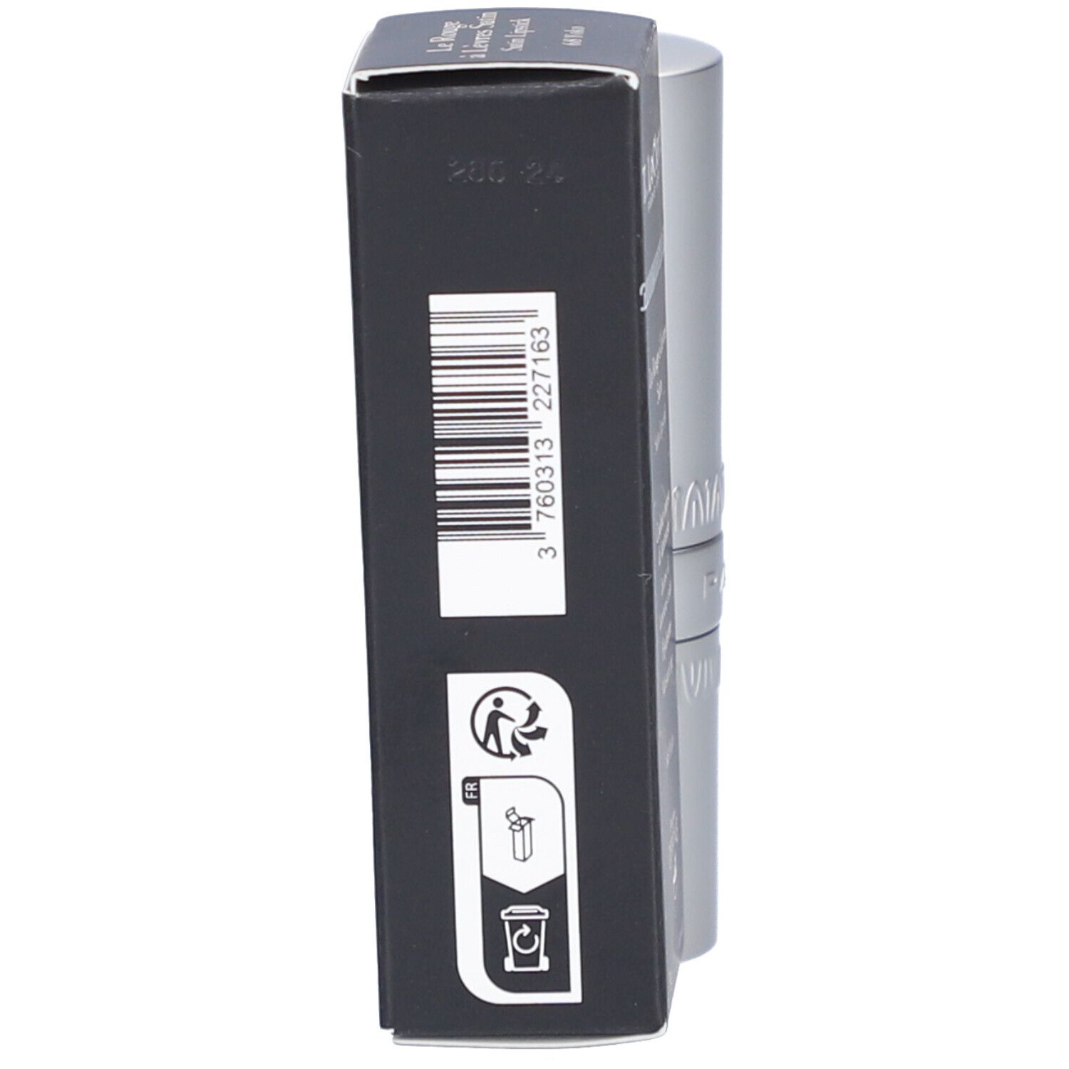 Schwarze Schachtel mit Barcode und Recycling-Symbolen. Auf der Schachtel steht "3 760313 227163".