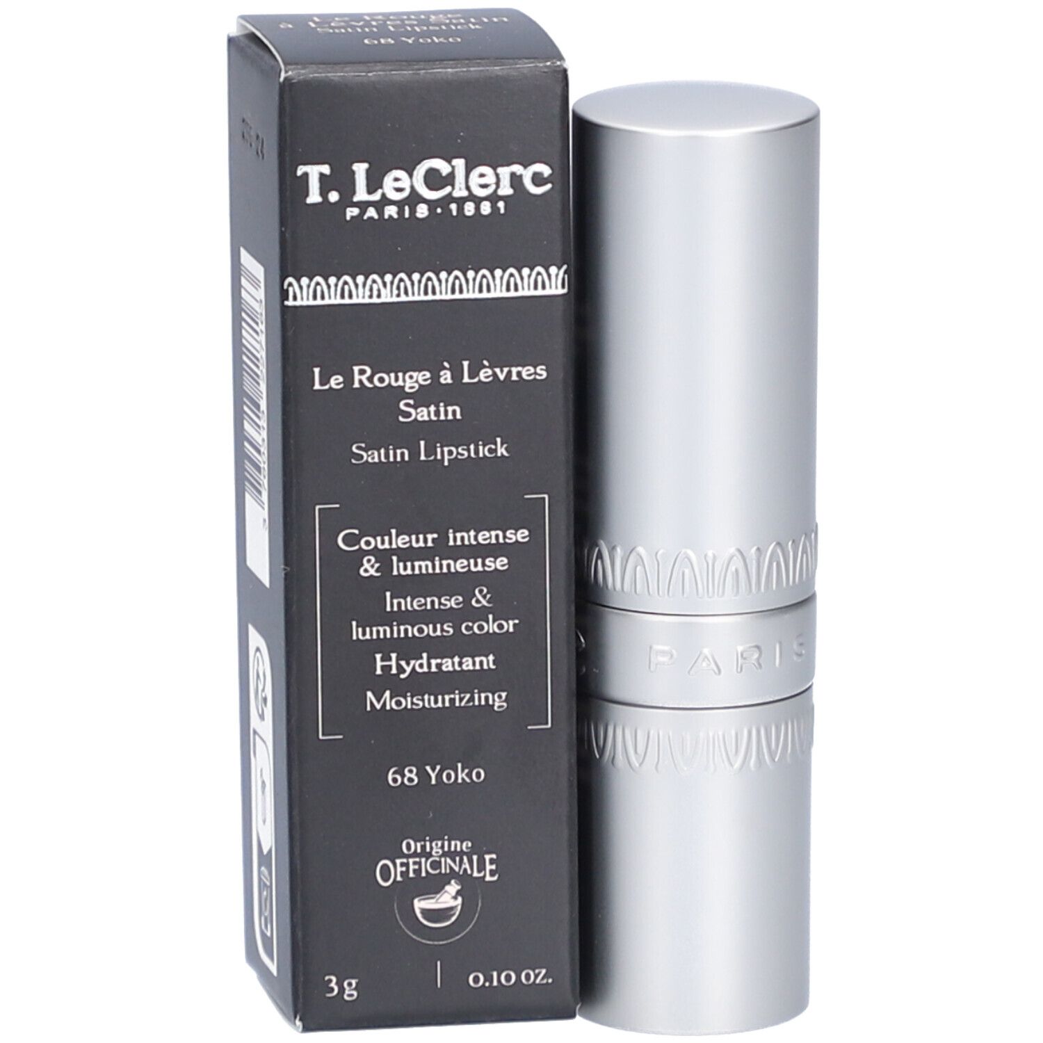 Lippenstift und Schachtel. Silberfarbener Lippenstift mit schwarzer Schachtel. Auf der Schachtel steht "T. LeClerc Paris 1881".