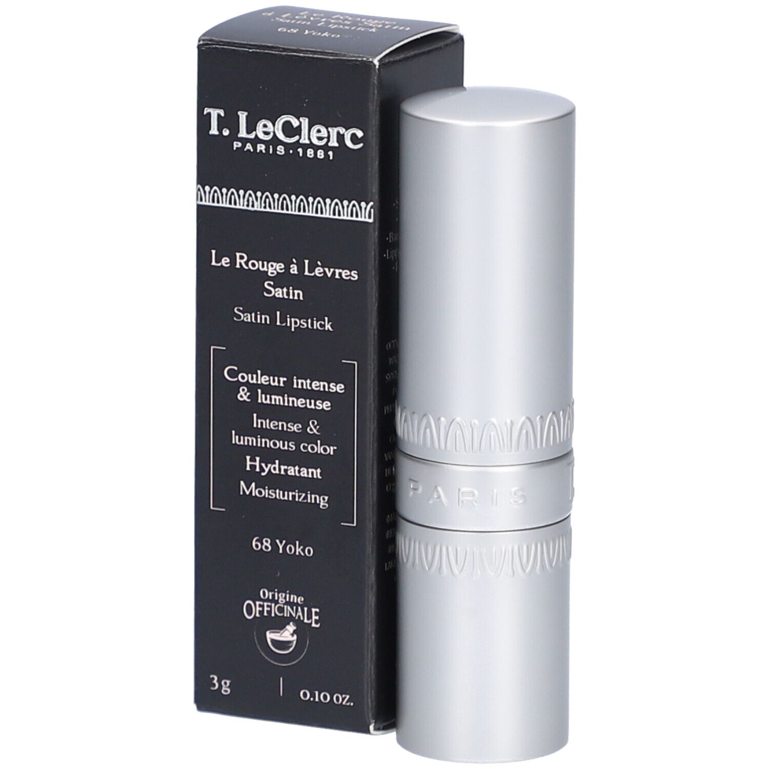 Lippenstift und Schachtel. Silberfarbener Lippenstift mit schwarzer Schachtel. Auf der Schachtel steht "T. LeClerc Paris 1881".