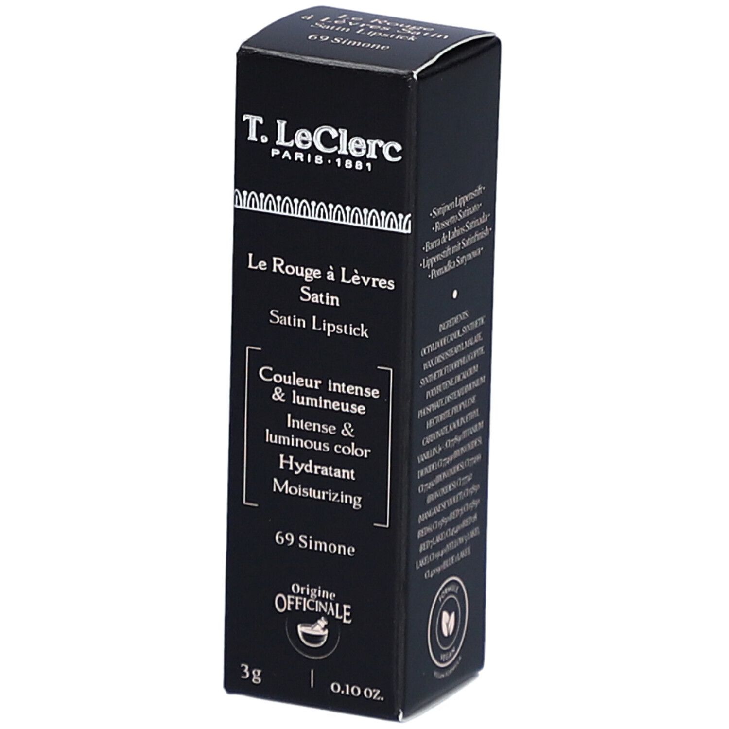 Schwarze Verpackung mit Lippenstift-Informationen. Marke: T. LeClerc. Produkt: Le Rouge à Lèvres Satin. Farbe: 69 Simone. 3g.