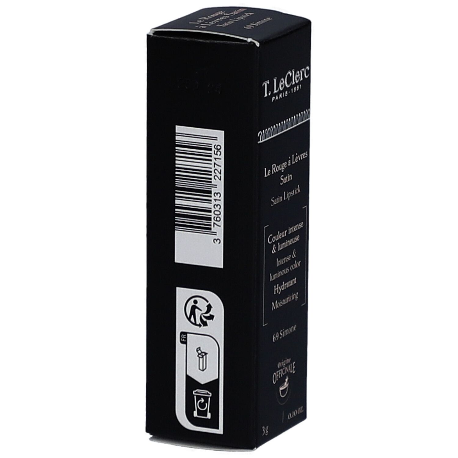 Schwarze Verpackung, Seitenansicht. Marke: T. LeClerc. Produkt: Le Rouge à Lèvres Satin. Barcode und Recycling-Symbole.
