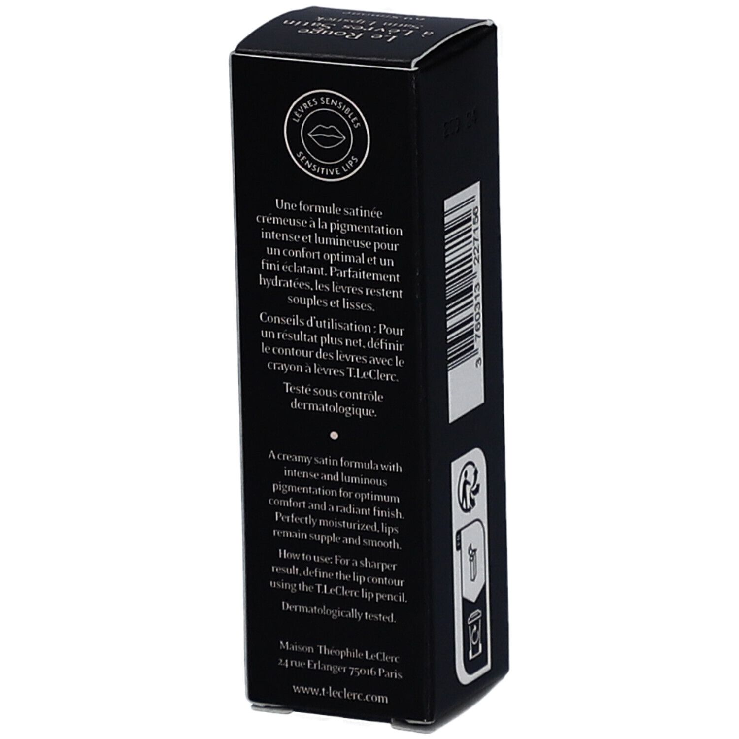 Schwarze Verpackung, Rückseite. Text über die Formel und Anwendung. Marke: T. LeClerc. Dermatologisch getestet.