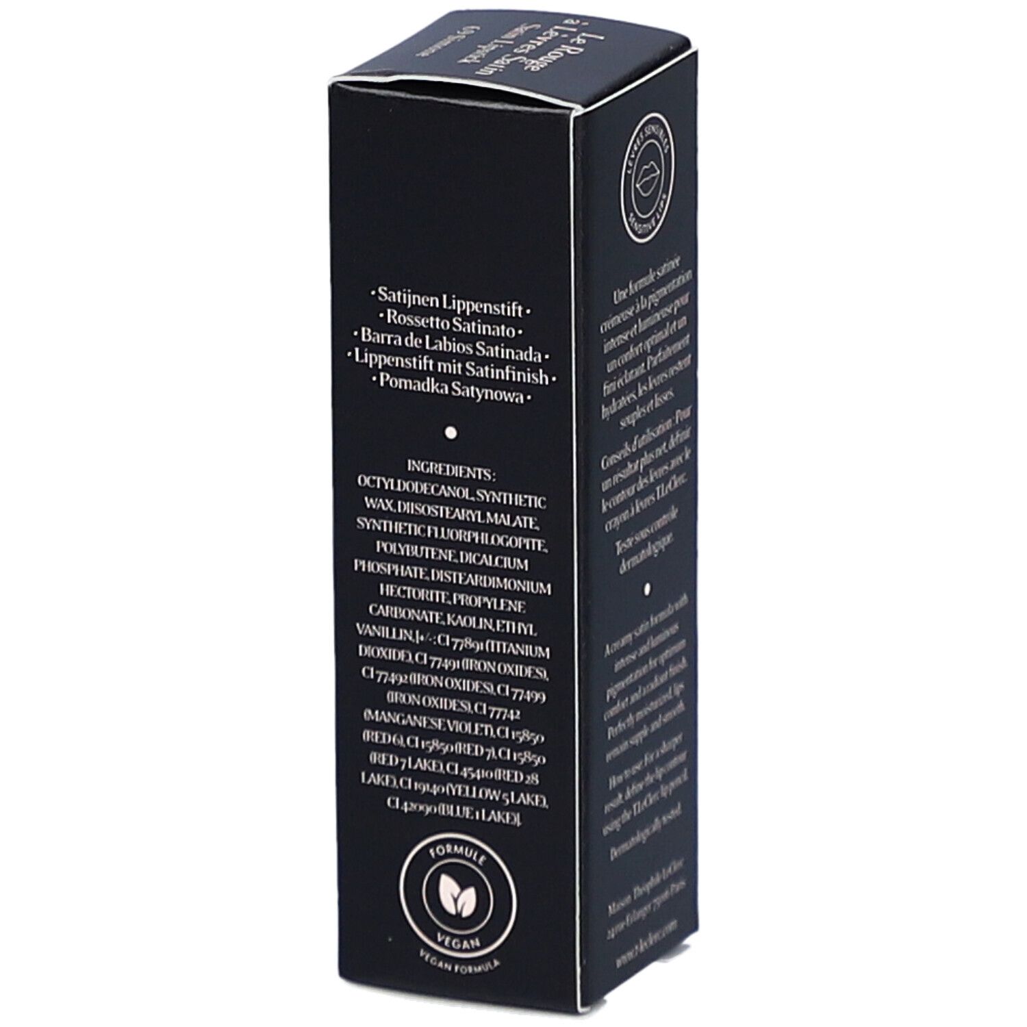 Schwarze Verpackung, Inhaltsstoffe und Übersetzungen. Vegan-Formel. Marke: T. LeClerc. Produkt: Satin Lippenstift.