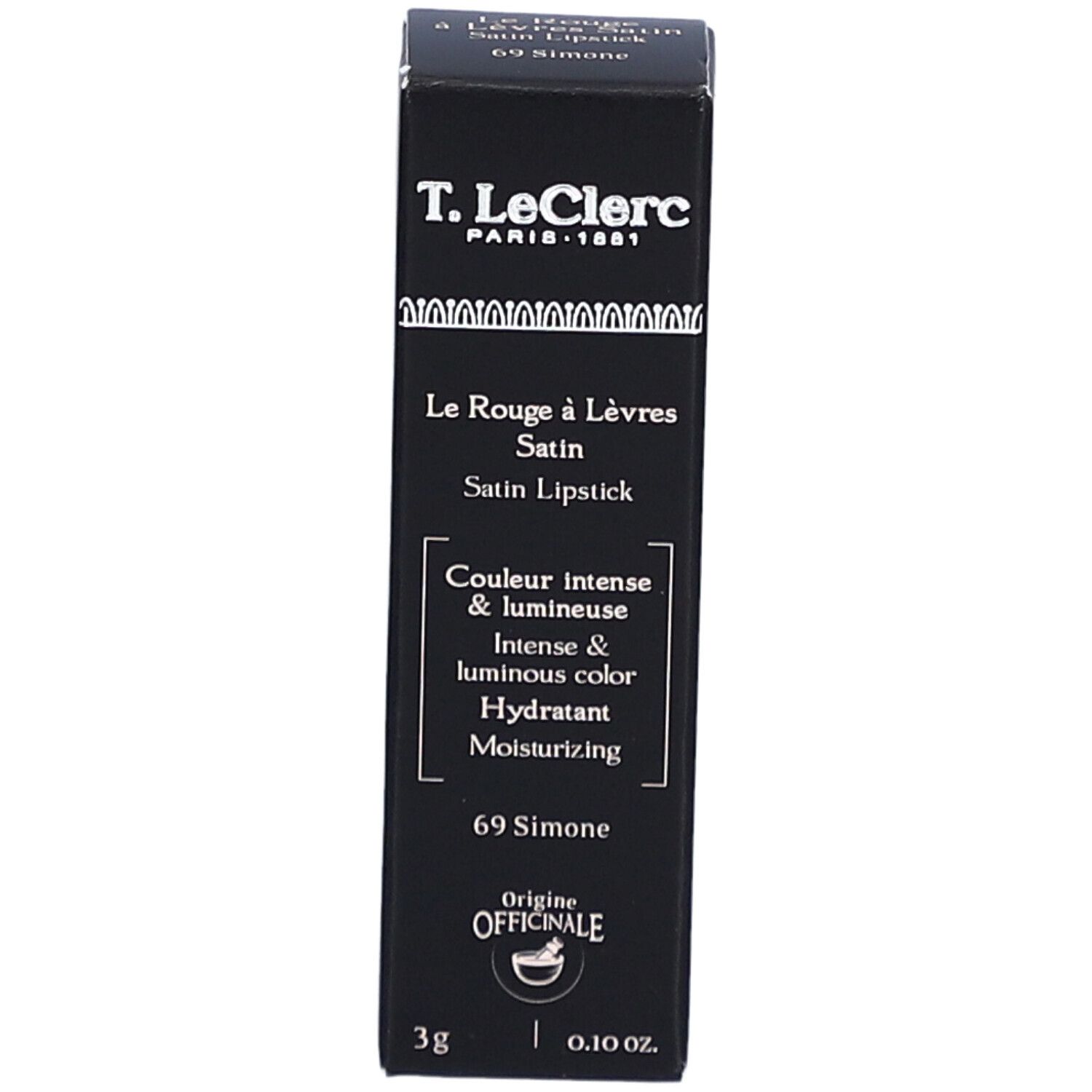 Schwarze Verpackung mit Lippenstift-Informationen. Marke: T. LeClerc. Produkt: Le Rouge à Lèvres Satin. Farbe: 69 Simone.