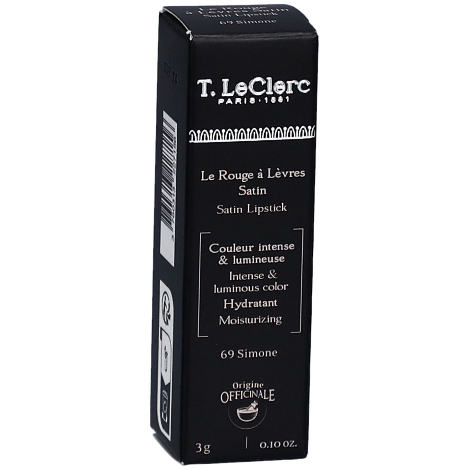 Schwarze Verpackung mit Lippenstift-Informationen. Marke: T. LeClerc. Produkt: Le Rouge à Lèvres Satin. Farbe: 69 Simone.