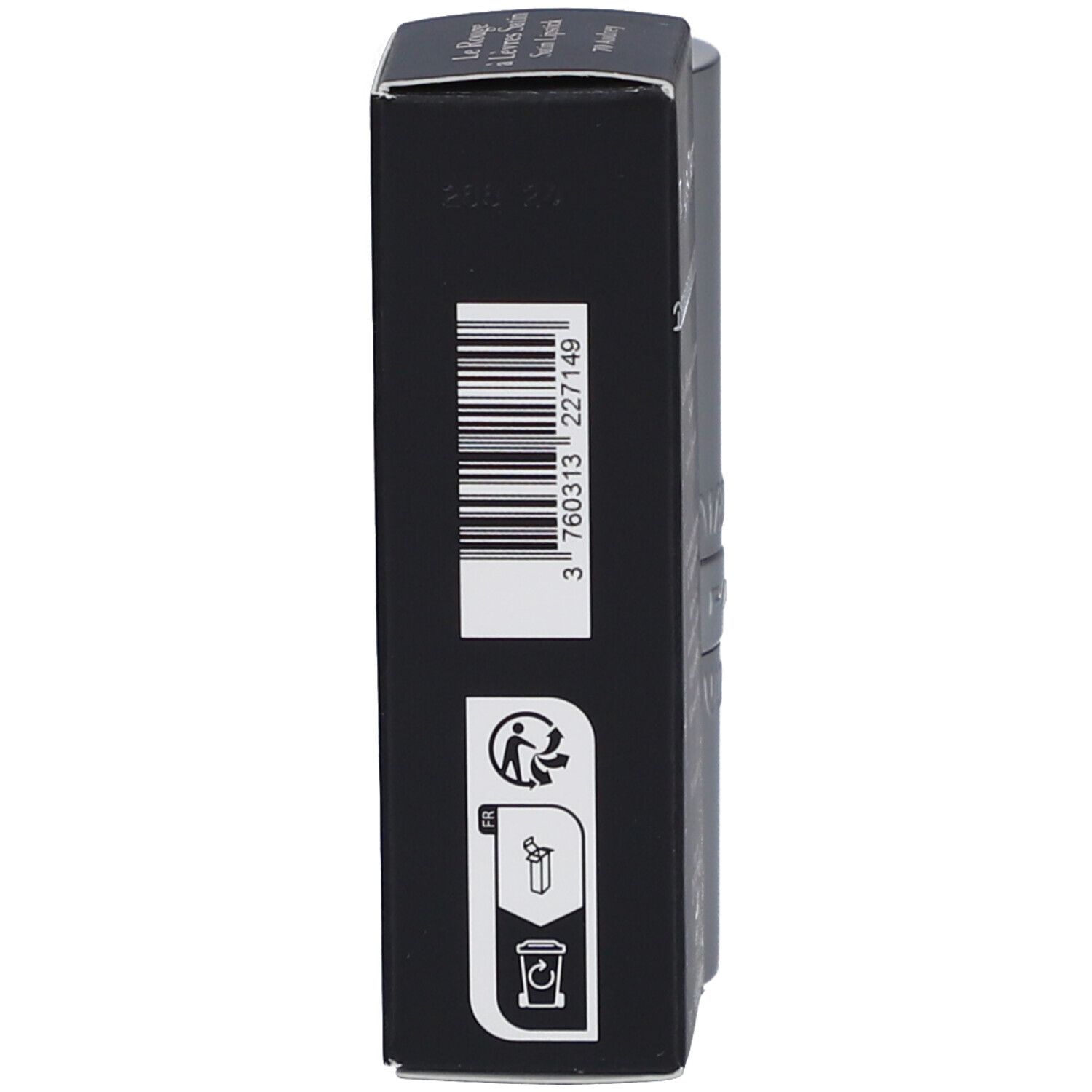Schwarze Verpackung von T.LeClerc Lippenstift. Barcode und Recycling-Symbol. Text: Le Rouge à Lèvres Satin.
