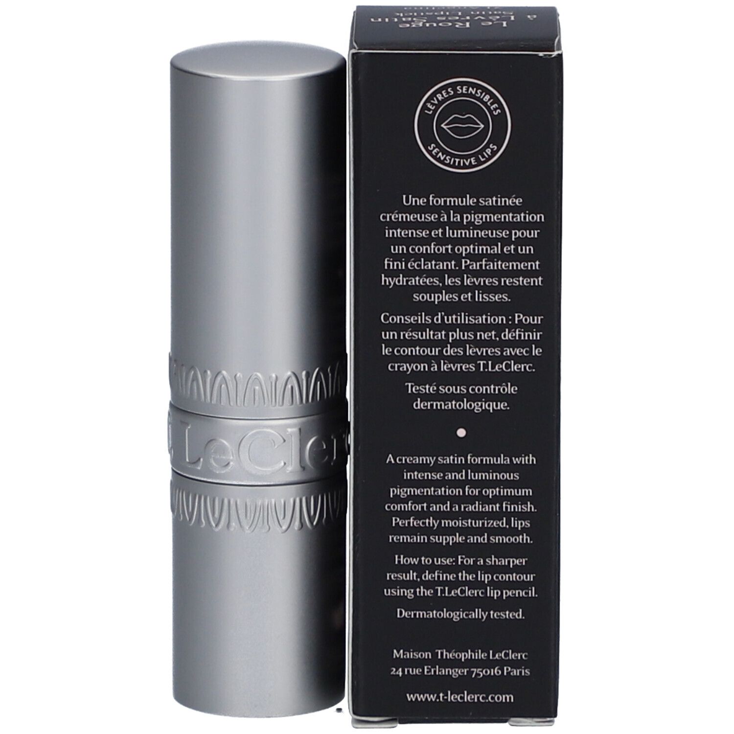 Silberner Lippenstift und schwarze Verpackung. Text: Le Rouge à Lèvres Satin, T. LeClerc, Dermatologisch getestet.