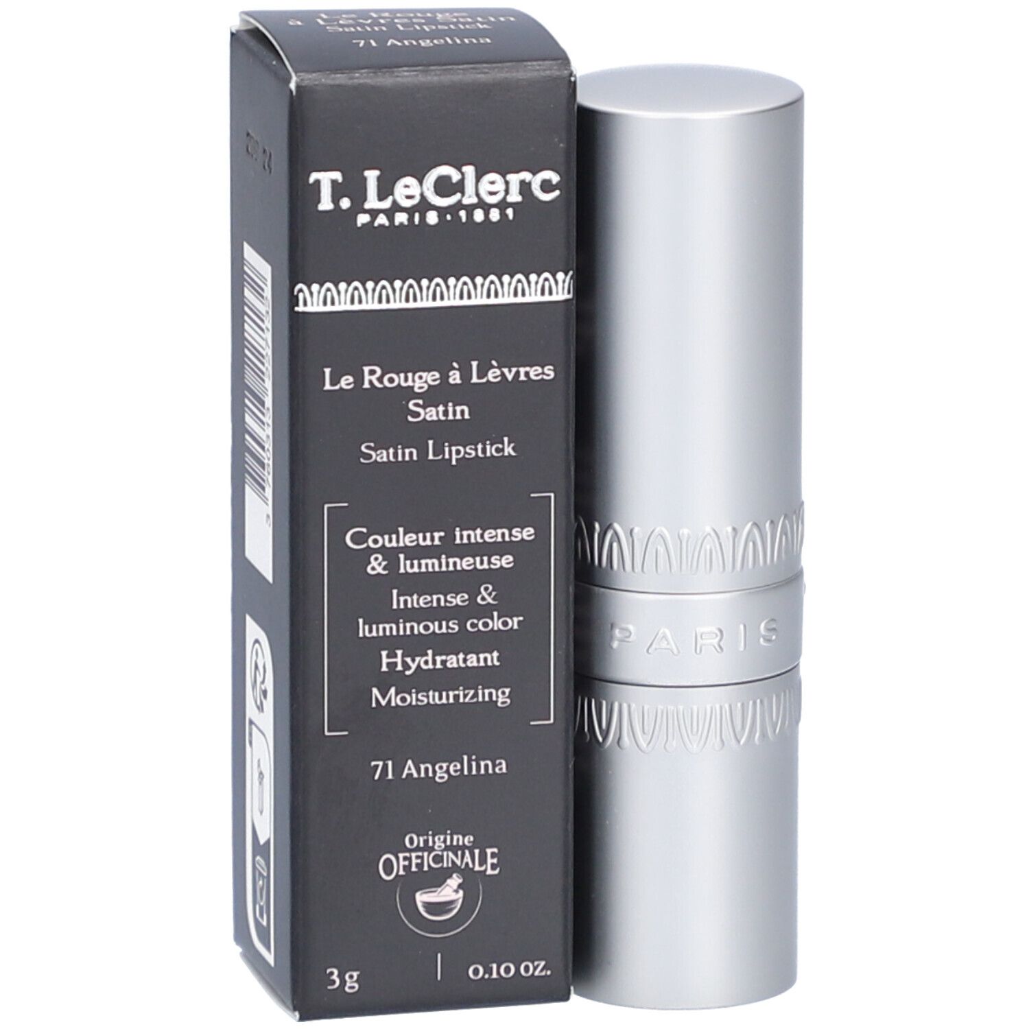 T. LeClerc Lippenstift Satin Angelina 71. Schwarze Verpackung und silberner Lippenstift. Text: Satin Lipstick, 71 Angelina.