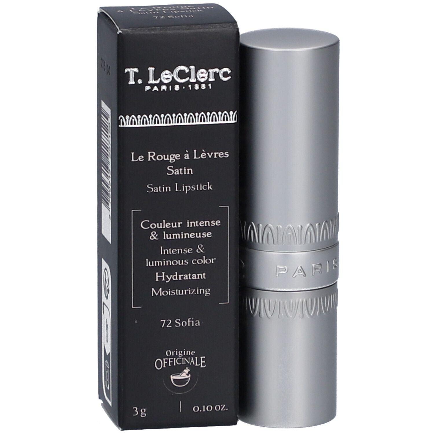 Lippenstift und Schachtel. T. LeClerc Lippenstift Satin Sofia 72. Schwarze Schachtel mit Produktinformationen.