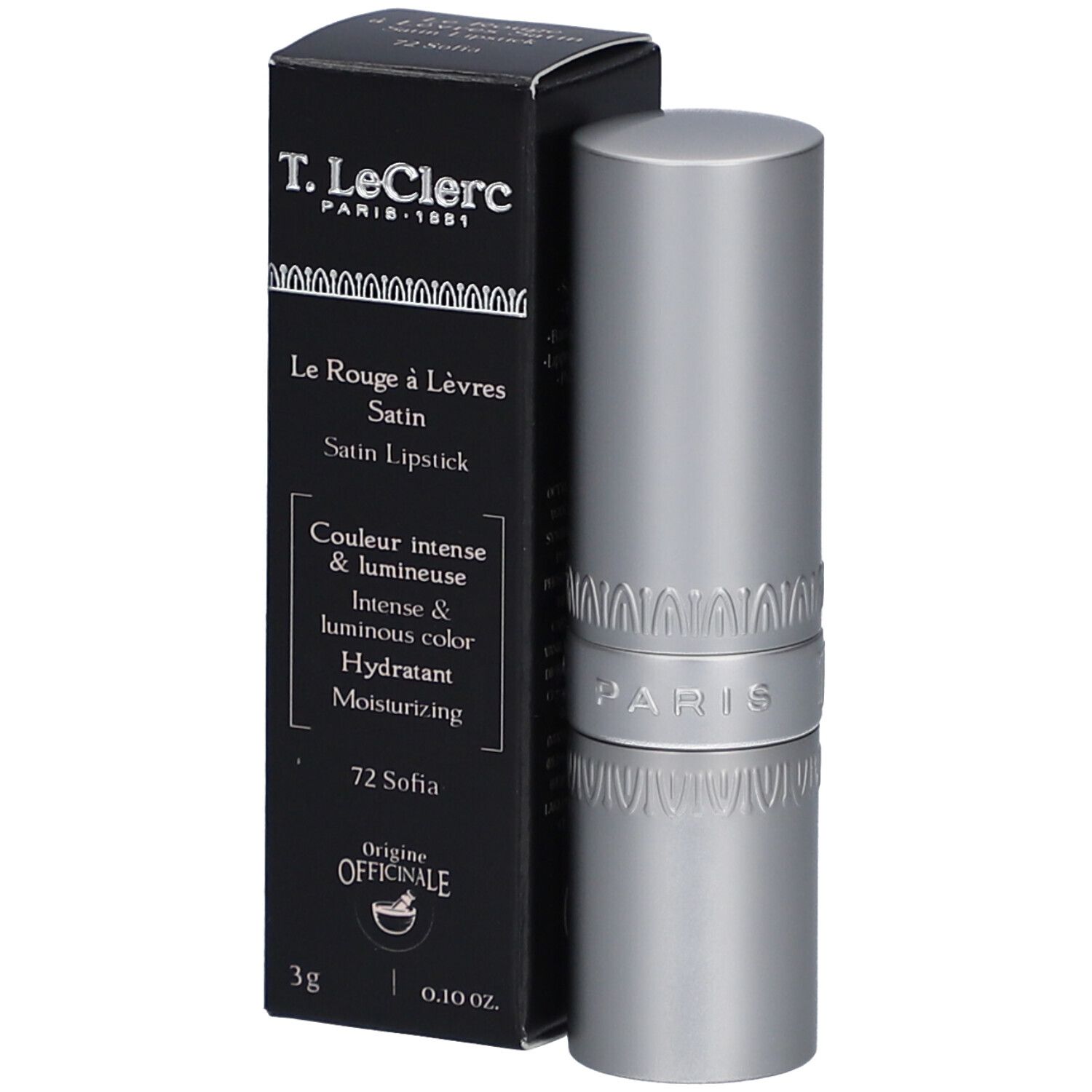 Lippenstift und Verpackung. Silberfarbener Lippenstift, schwarze Verpackung mit Text.