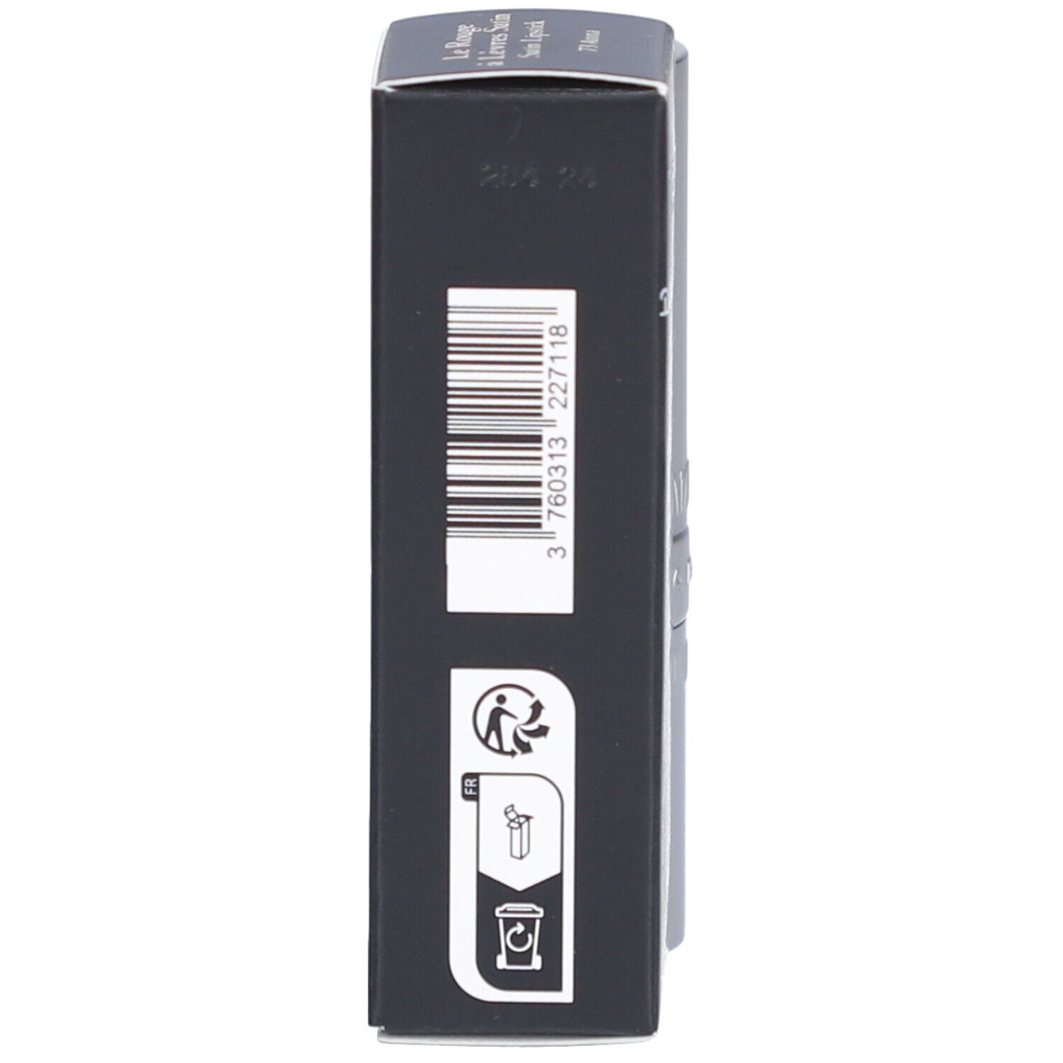 Schwarze Schachtel mit Barcode und Recycling-Symbolen. Marke: T. LeClerc.