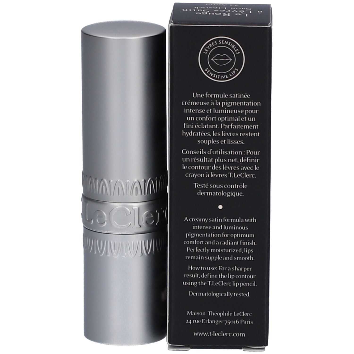Lippenstift und Schachtel. Silberfarbener Lippenstift, schwarze Schachtel mit Produktinformationen. Marke: T. LeClerc.