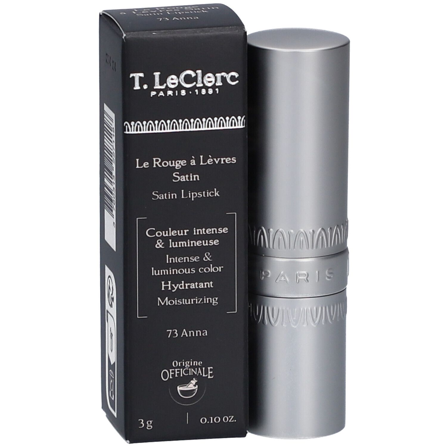 Lippenstift und Schachtel. Silberfarbener Lippenstift, schwarze Schachtel mit Produktinformationen. Marke: T. LeClerc.
