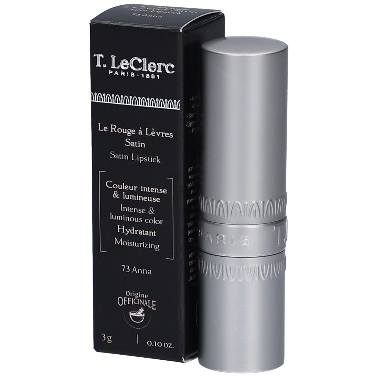 Lippenstift und Schachtel. Silberfarbener Lippenstift, schwarze Schachtel mit Produktinformationen. Marke: T. LeClerc.