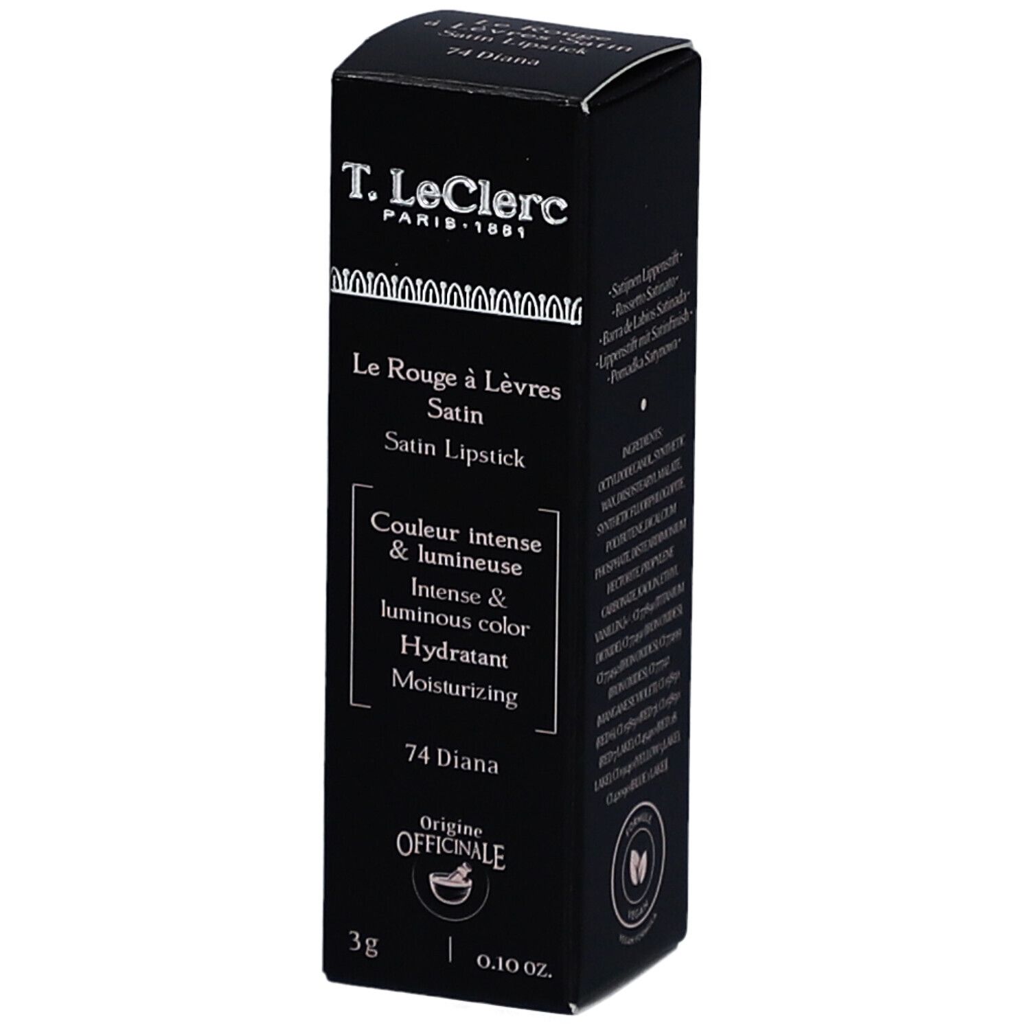 Boîte noire T. LeClerc, Le Rouge à Lèvres Satin, 74 Diana. Contient 3g. Couleur intense et lumineuse.
