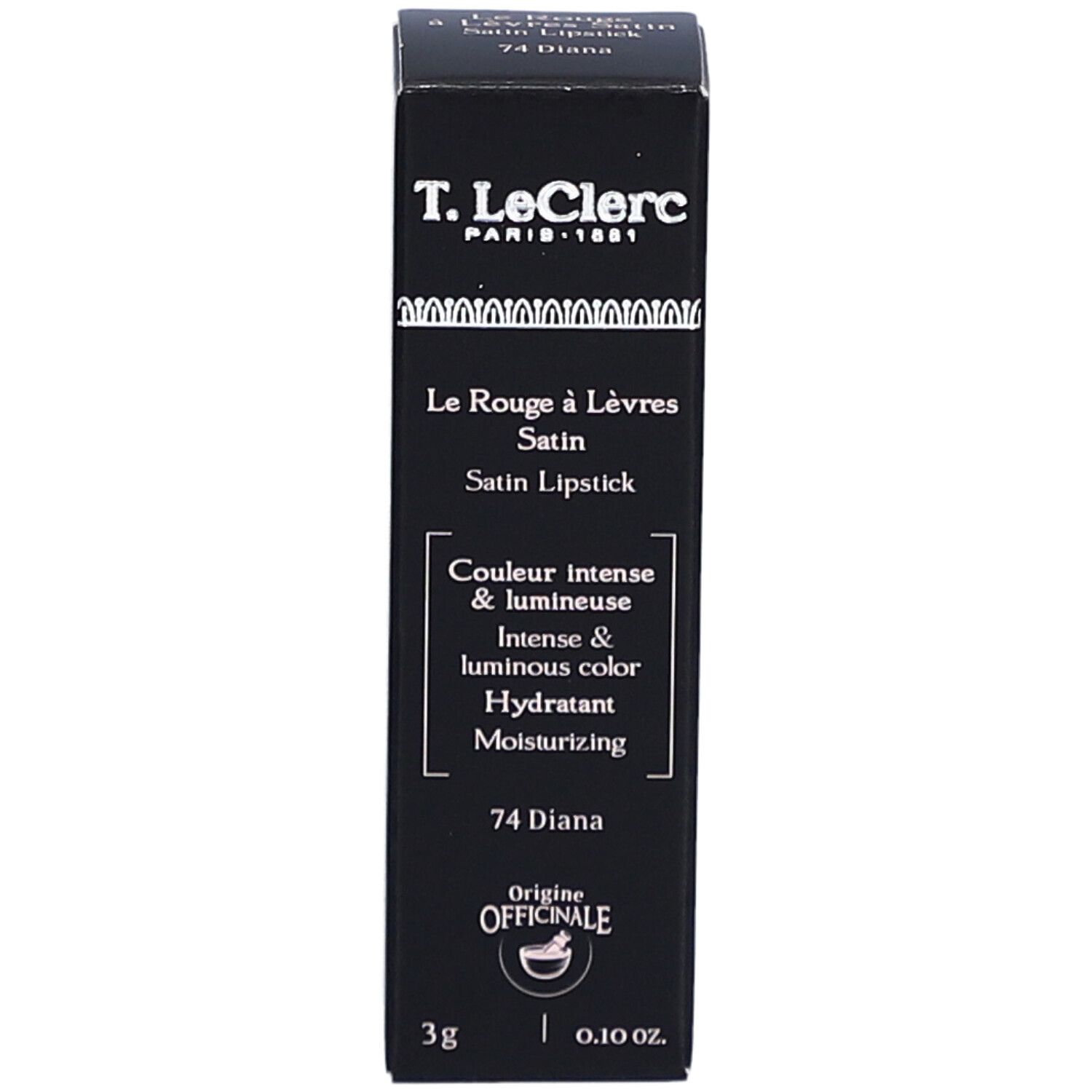 Boîte noire T. LeClerc, Le Rouge à Lèvres Satin, 74 Diana. Contient 3g. Couleur intense et lumineuse.