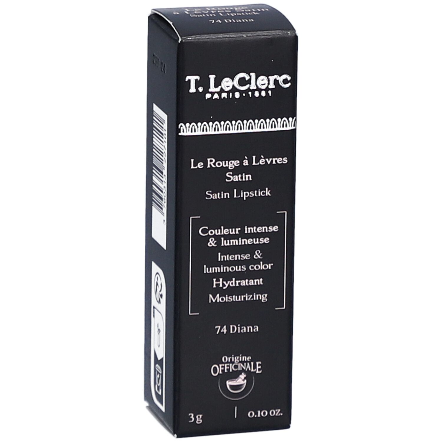 Boîte noire T. LeClerc, Le Rouge à Lèvres Satin, 74 Diana. Contient 3g. Couleur intense et lumineuse.