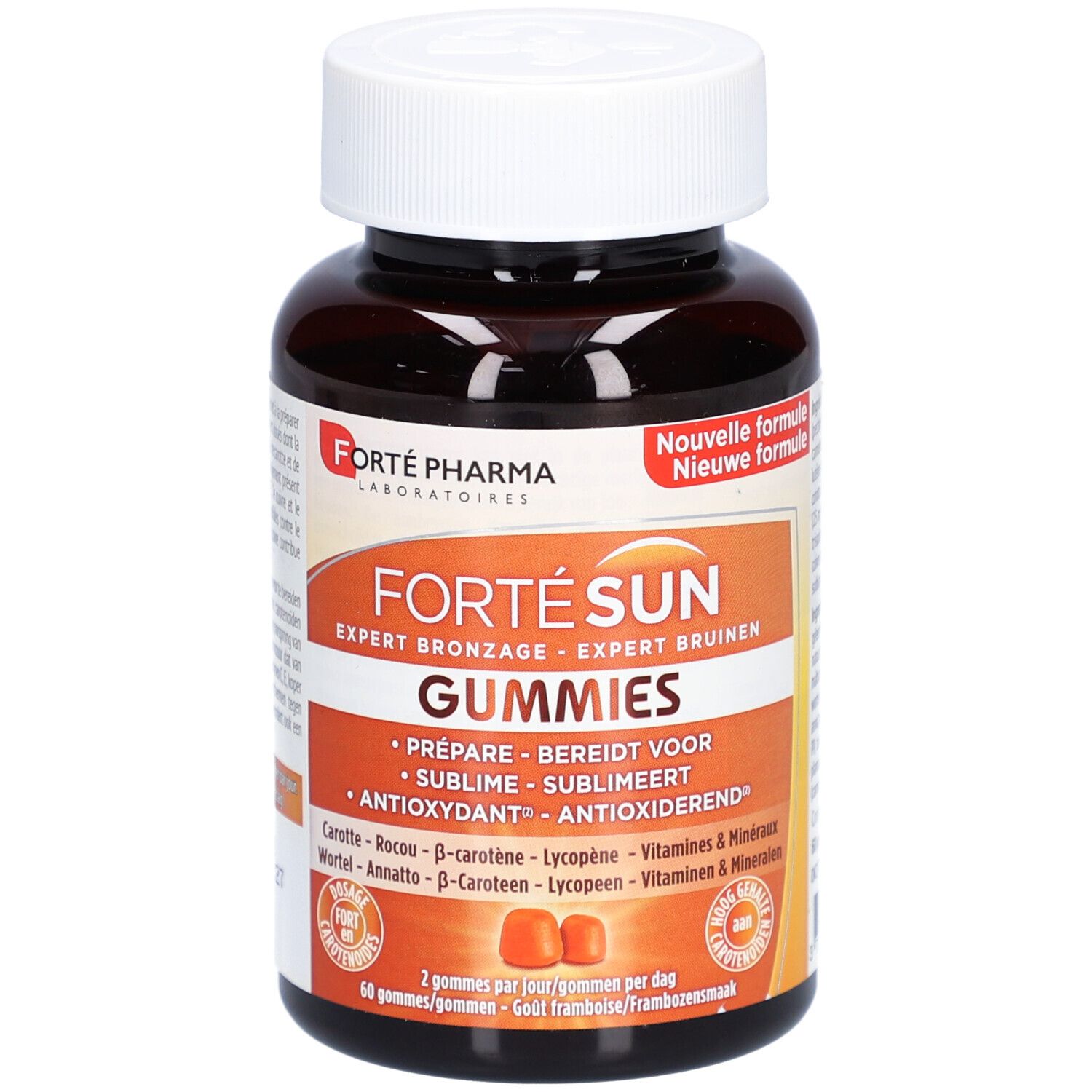 Flacon brun avec bouchon blanc. Étiquette "Forté Sun Gummies". Deux gommes oranges visibles.