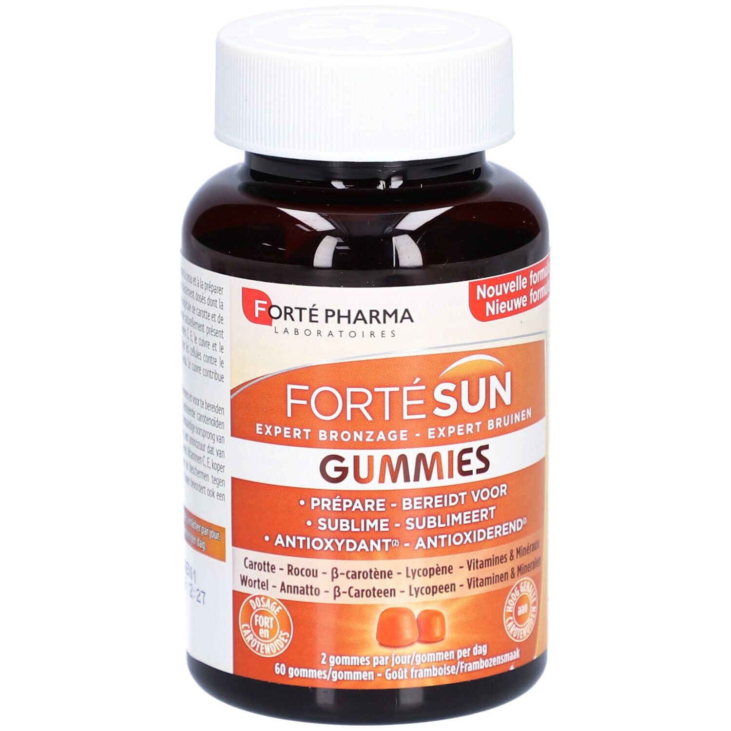 Flacon brun avec bouchon blanc. Étiquette "Forté Sun Gummies". Deux gommes oranges visibles.