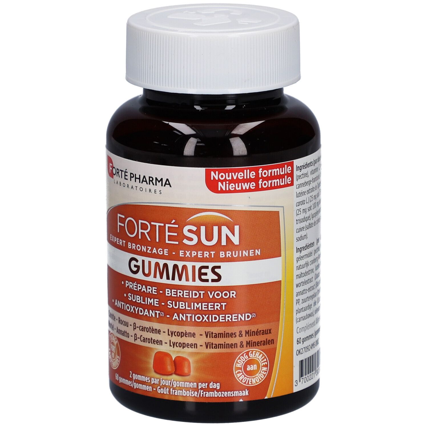 Flacon brun avec bouchon blanc. Étiquette "Forté Sun Gummies". Deux gommes oranges visibles.