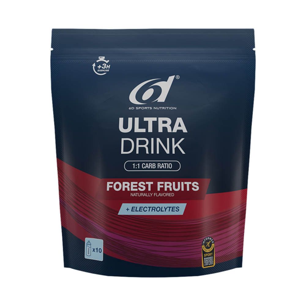 Zakje sportdrank. Opschrift: 6d Sports Nutrition Ultra Drink, Forest Fruits, + Electrolytes. Bevat 10 zakjes.