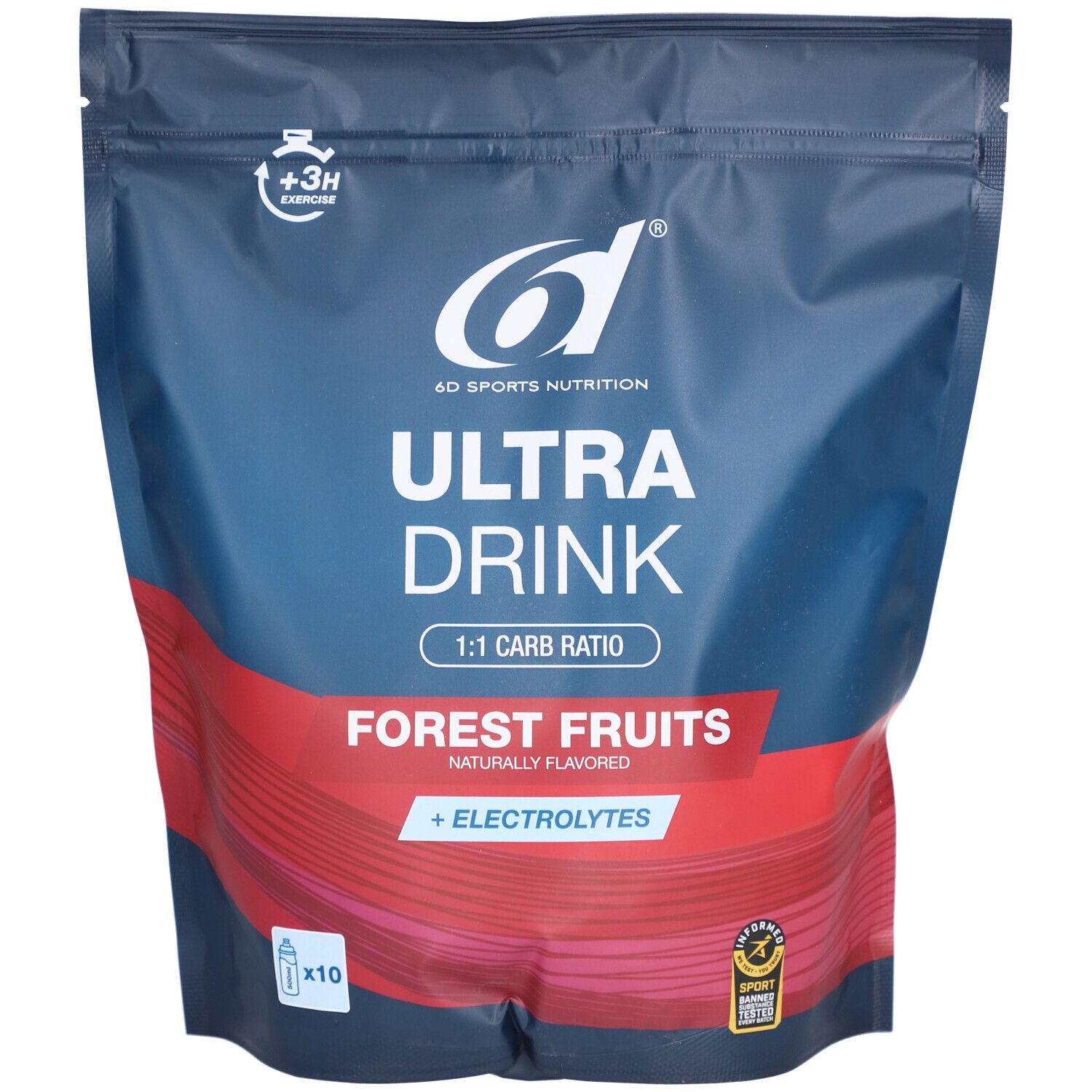 Zakje sportdrank. Opschrift: 6d Sports Nutrition Ultra Drink, Forest Fruits, + Electrolytes. Bevat 10 zakjes.