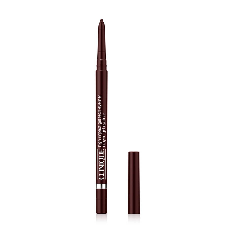 Schwarzer Eyeliner-Stift mit Kappe. Text: High Impact Gel Tech Eyeliner, Clinique. Dunkelbraune Farbe.