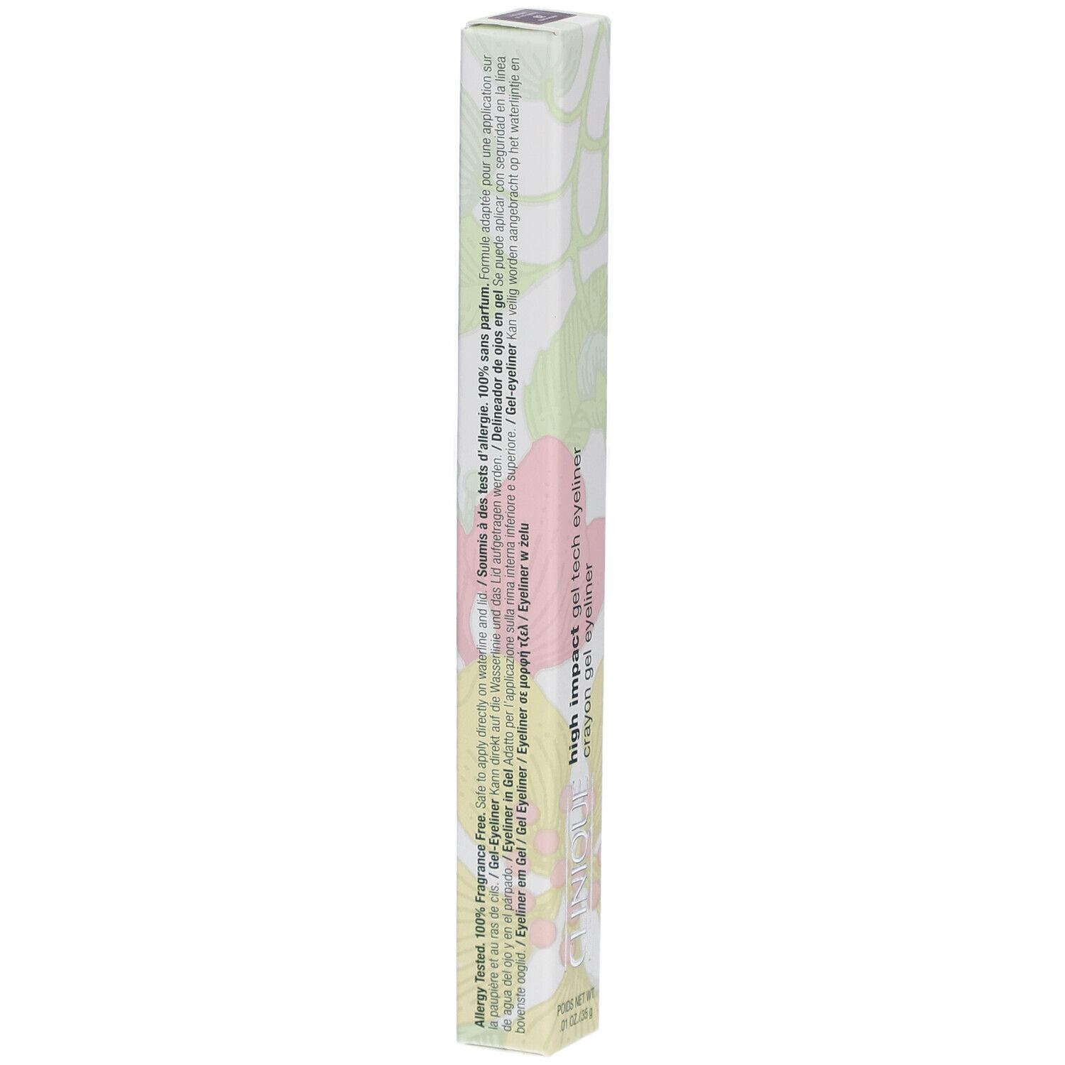 Achterkant van de eyelinerdoos. Tekst: High Impact Gel Tech Eyeliner, Crayon Gel Eyeliner. Ingrediënten, allergie getest, 100% parfumvrij.