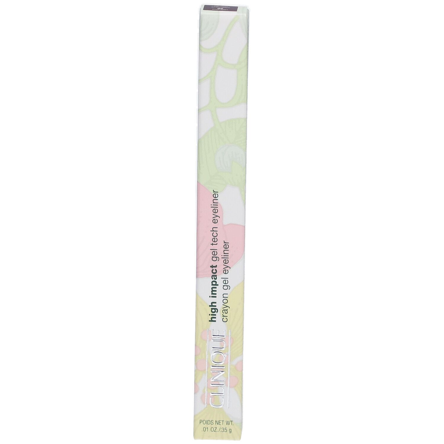 Doosje High Impact Gel Tech Eyeliner. Groen-roze patroon. Tekst: Clinique, High Impact Gel Tech Eyeliner, Crayon Gel Eyeliner.