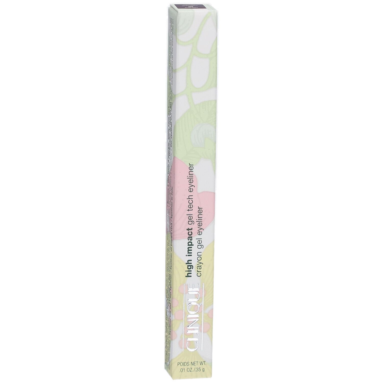 Doosje High Impact Gel Tech Eyeliner. Groen-roze patroon. Tekst: Clinique, High Impact Gel Tech Eyeliner, Crayon Gel Eyeliner.