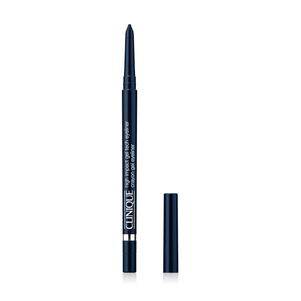 Schwarzer Eyeliner-Stift mit Kappe. Aufschrift: High Impact Gel Tech Eyeliner, Clinique. Spitze ausgefahren.