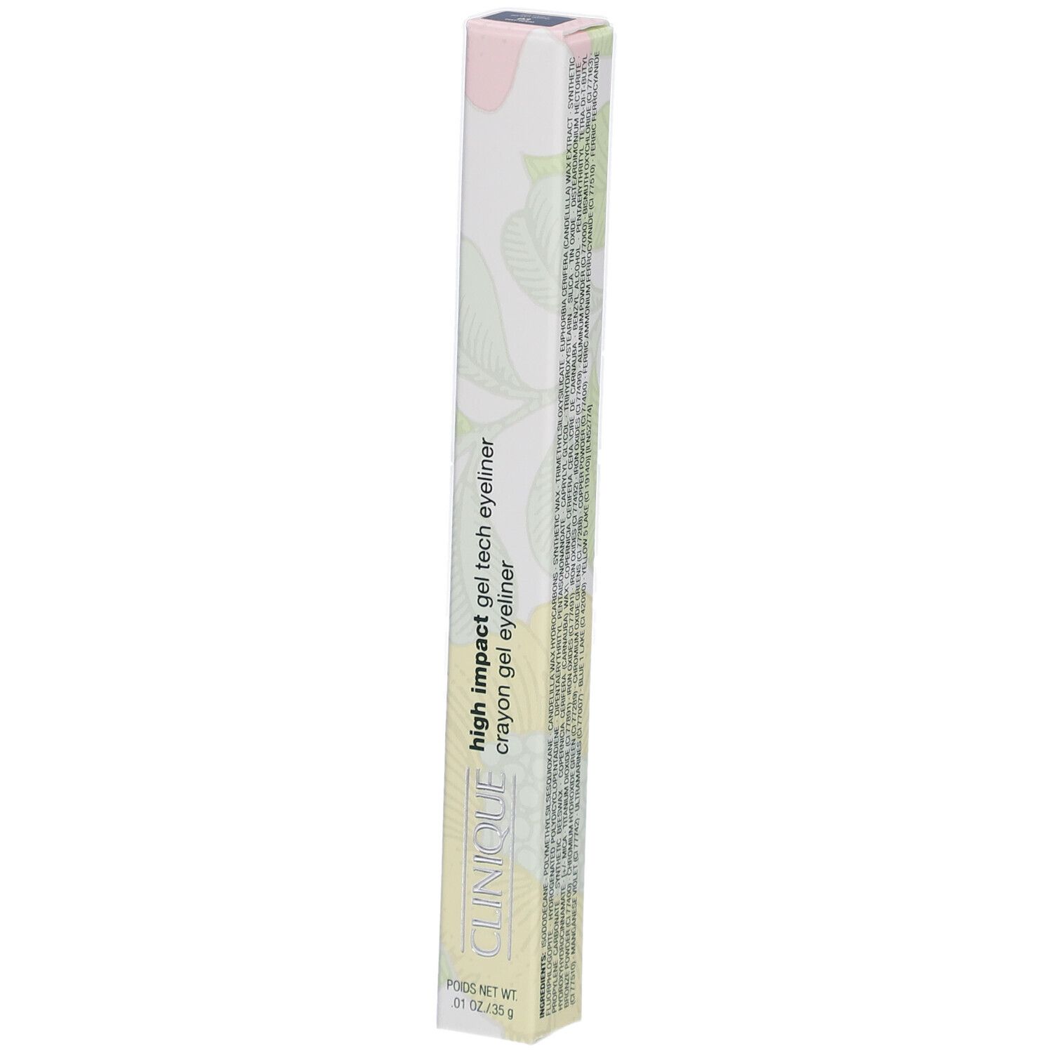 Emballage long et fin. Inscription: High Impact Gel Tech Eyeliner, Clinique. Couleurs: blanc, vert, rose.