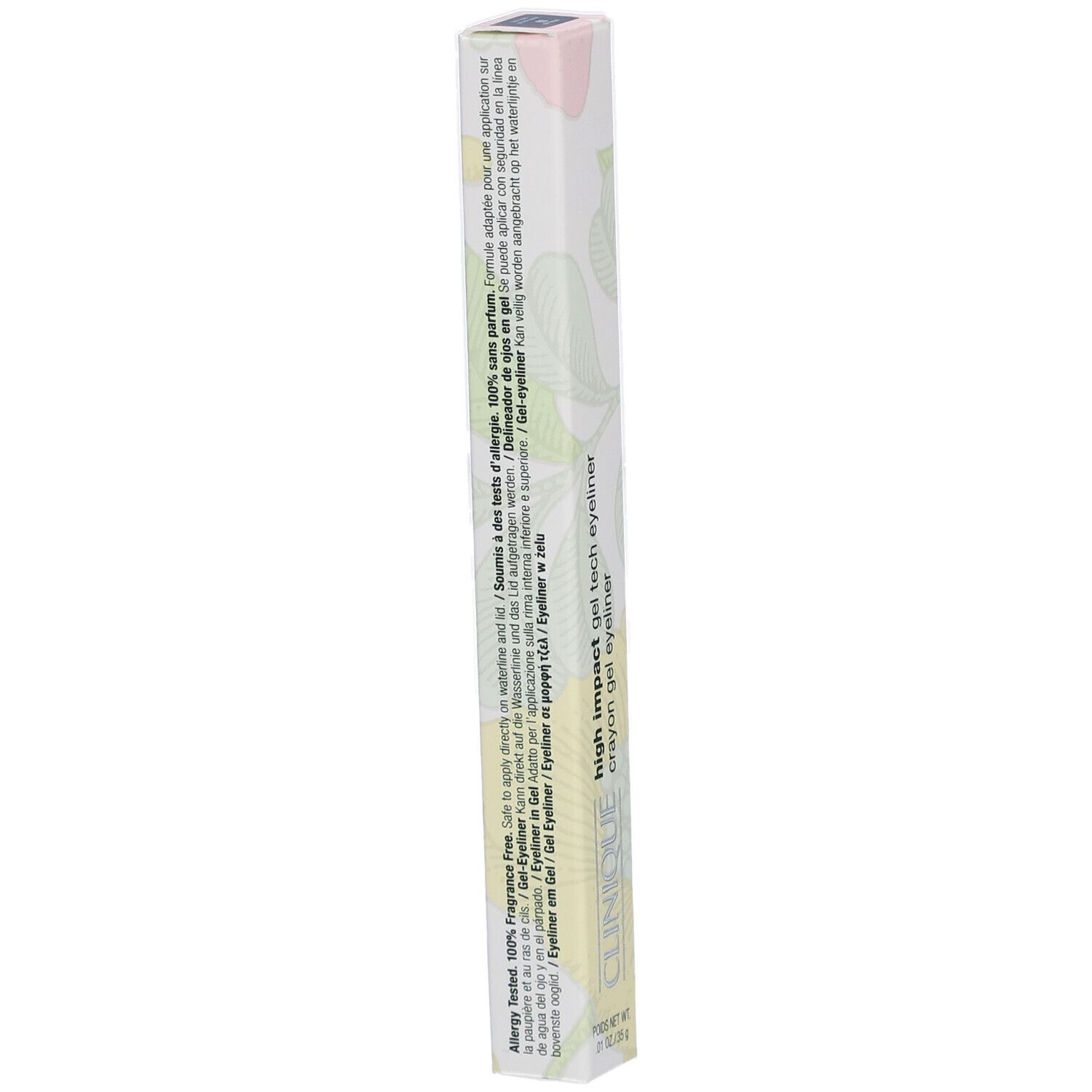 Emballage long et fin. Inscription: High Impact Gel Tech Eyeliner, Clinique. Texte en plusieurs langues.