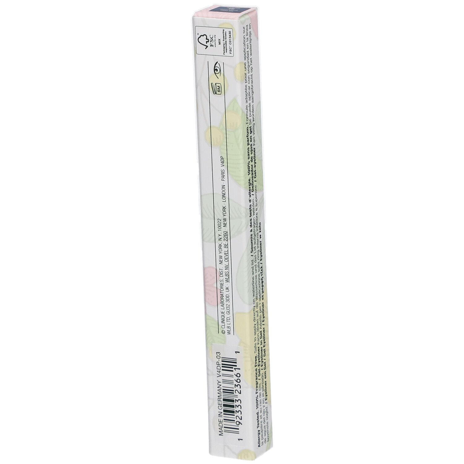 Emballage long et fin. Inscription: High Impact Gel Tech Eyeliner, Clinique. Texte en plusieurs langues.