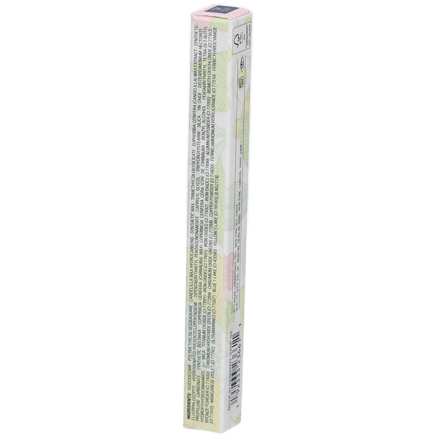 Emballage long et fin. Inscription: High Impact Gel Tech Eyeliner, Clinique. Texte en plusieurs langues.