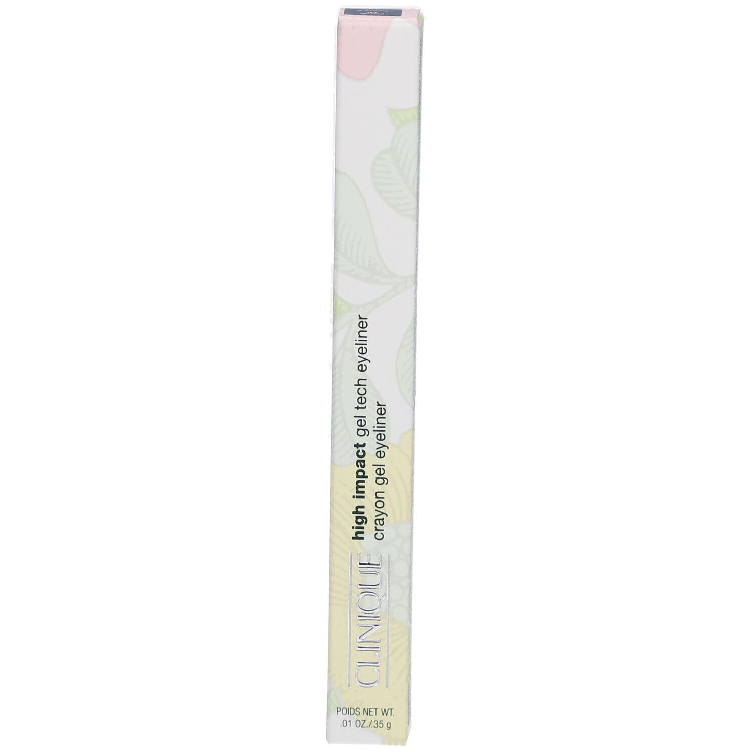 Emballage long et fin. Inscription: High Impact Gel Tech Eyeliner, Clinique. Couleurs: blanc, vert, rose.