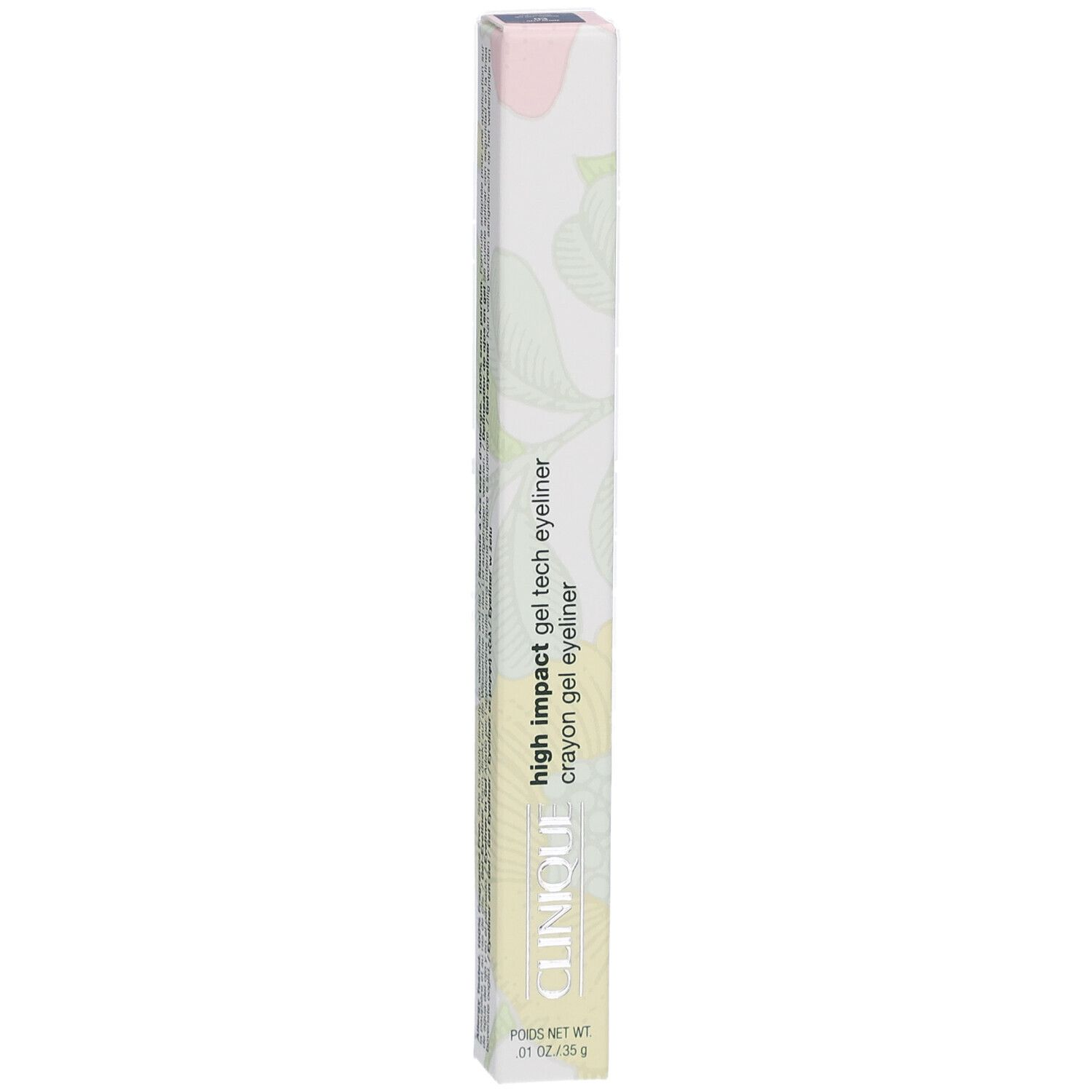 Emballage long et fin. Inscription: High Impact Gel Tech Eyeliner, Clinique. Couleurs: blanc, vert, rose.