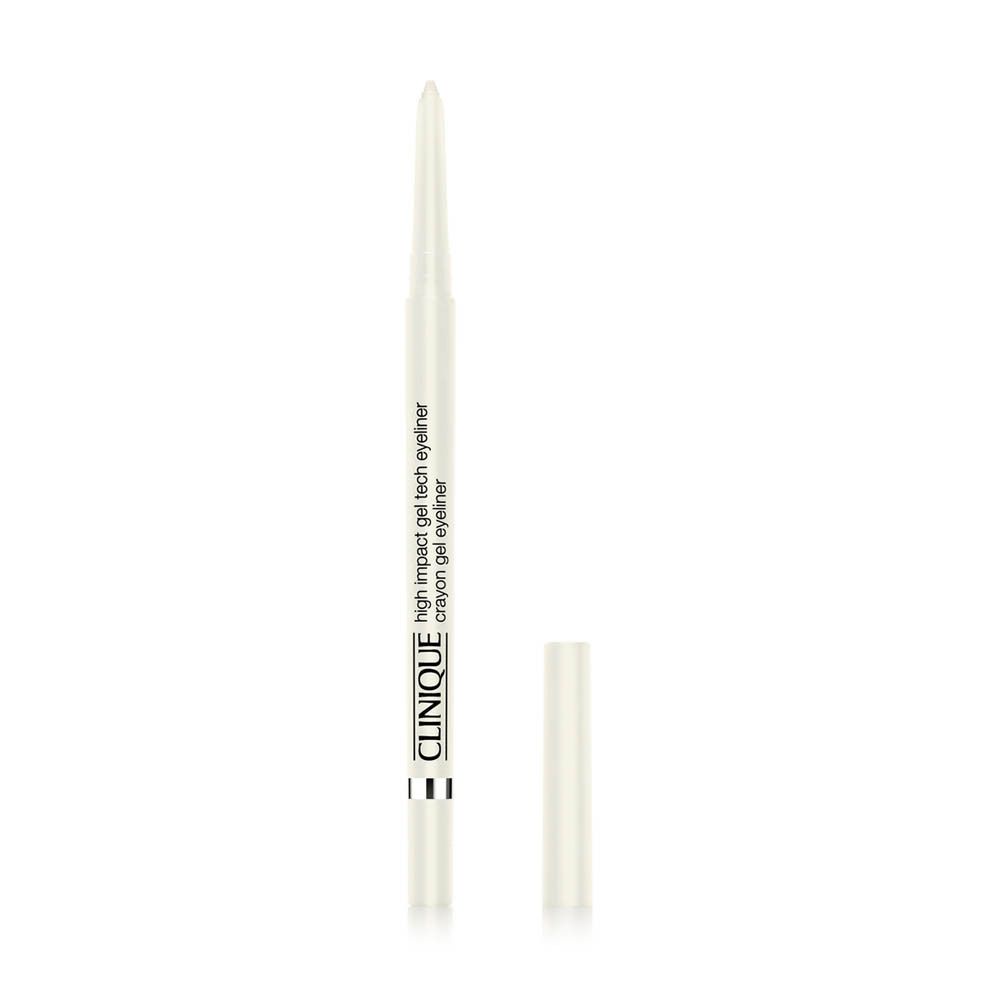 Crayon eye-liner blanc avec capuchon. Texte: High Impact Gel Tech Eyeliner, crayon gel eyeliner. Marque: Clinique.