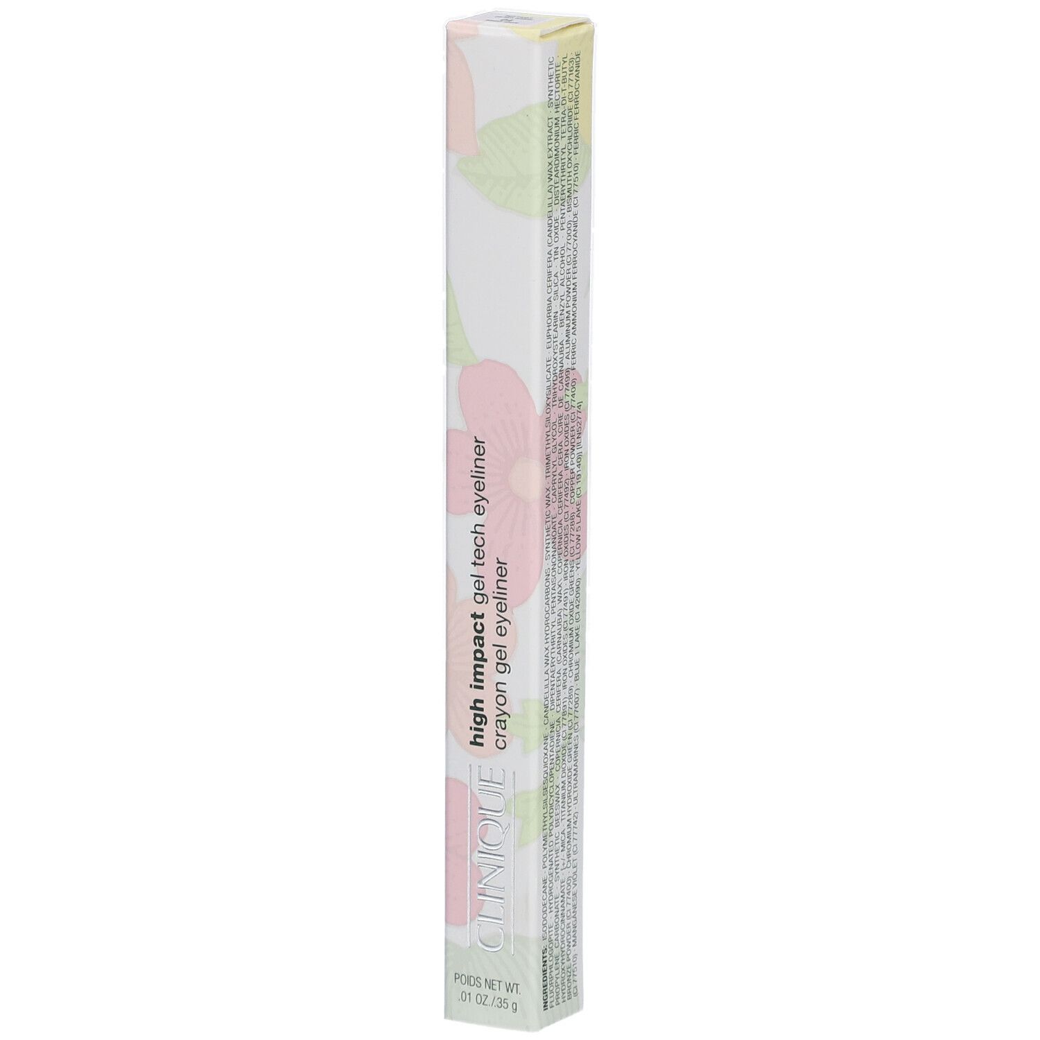 Boîte de High Impact Gel Tech Eyeliner. Texte: High Impact Gel Tech Eyeliner, crayon gel eyeliner. Marque: Clinique.