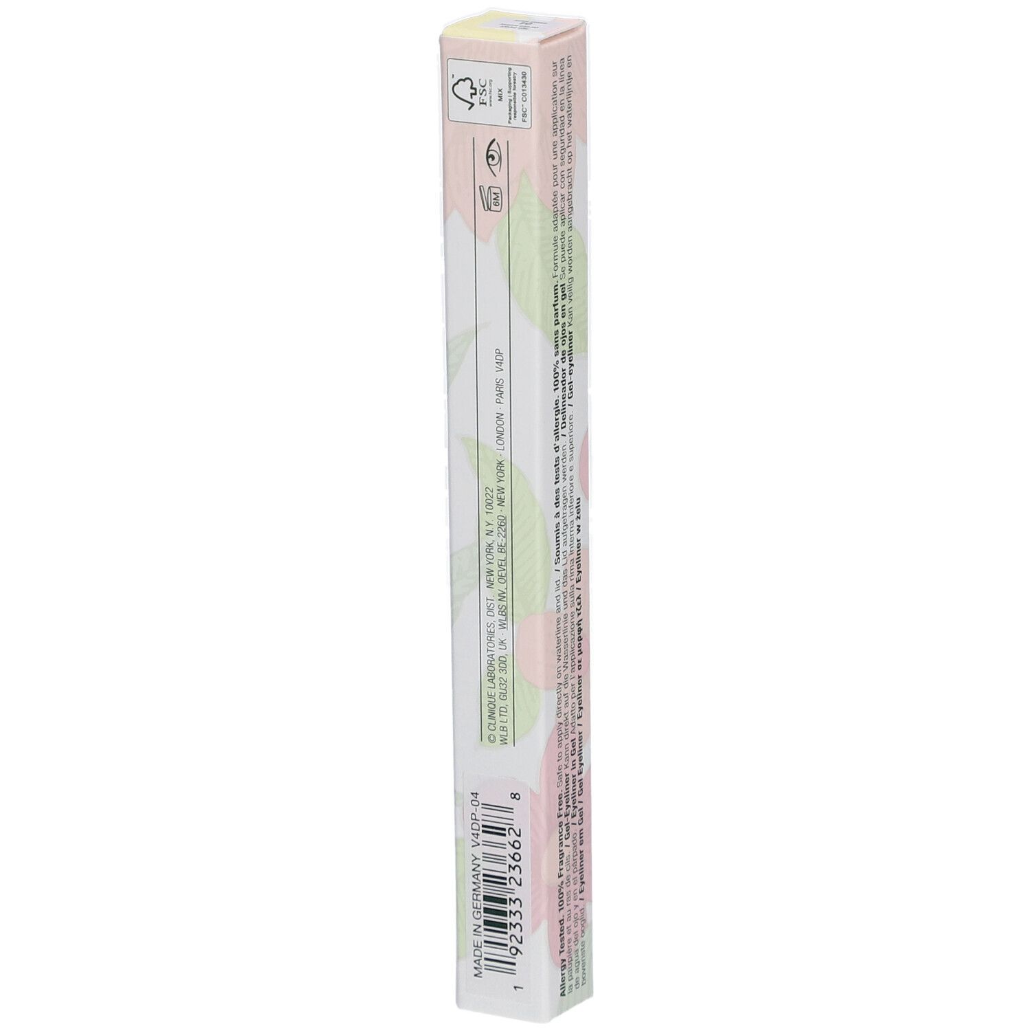 Dos de l'emballage de l'High Impact Gel Tech Eyeliner. Texte: High Impact Gel Tech Eyeliner, crayon gel eyeliner. Marque: Clinique.