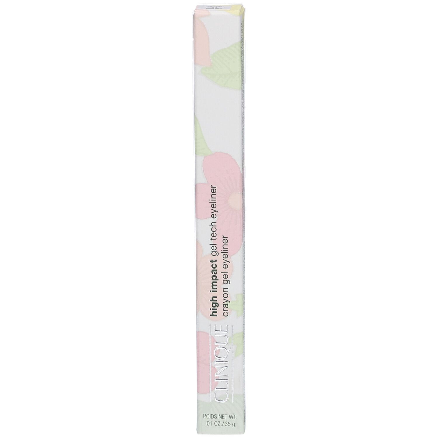 Boîte de High Impact Gel Tech Eyeliner. Texte: High Impact Gel Tech Eyeliner, crayon gel eyeliner. Marque: Clinique.