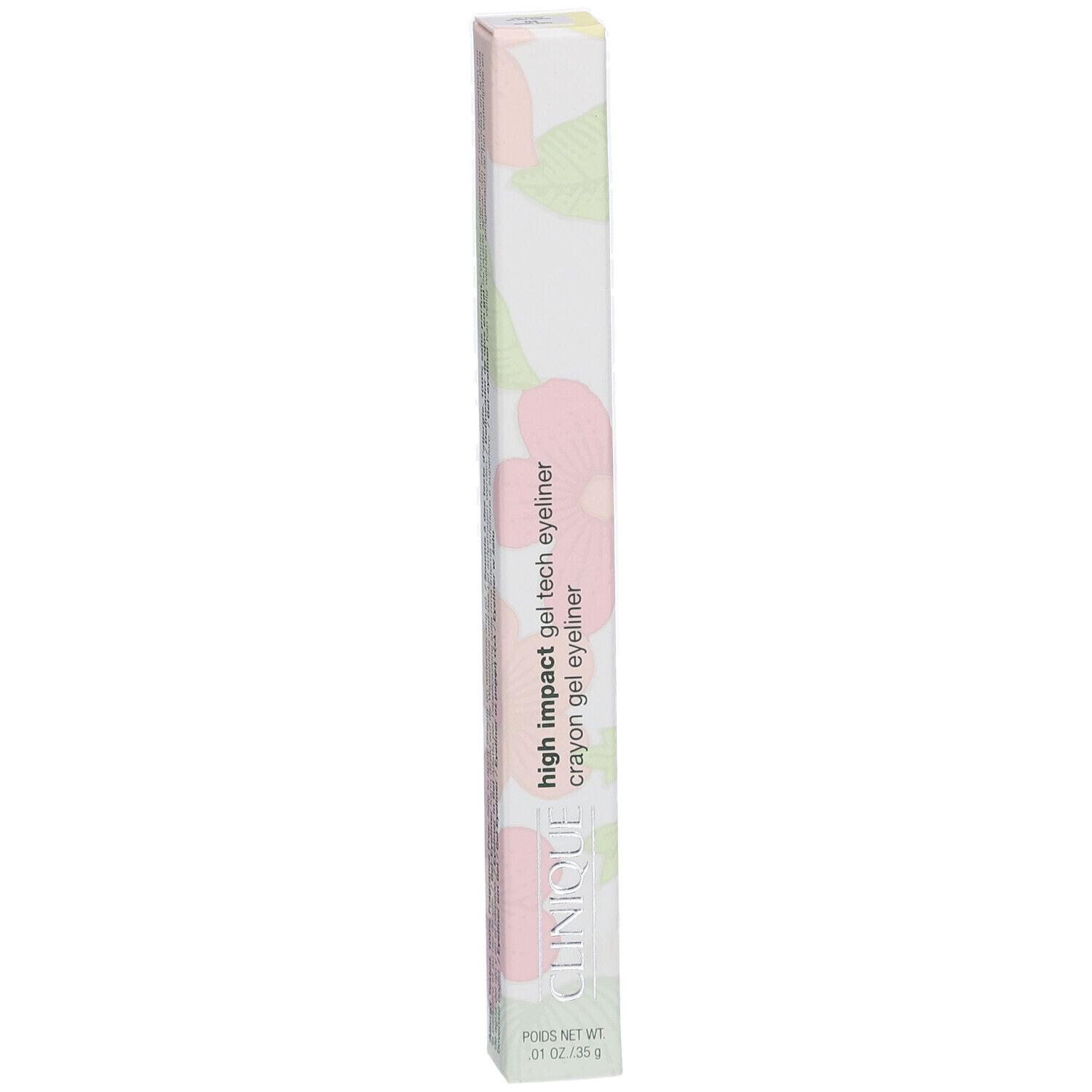 Boîte de High Impact Gel Tech Eyeliner. Texte: High Impact Gel Tech Eyeliner, crayon gel eyeliner. Marque: Clinique.