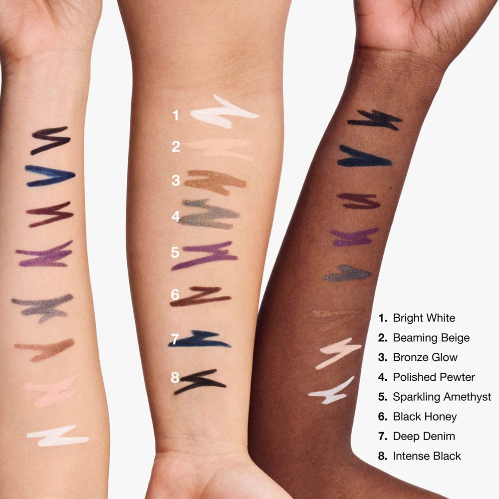 Bras avec différentes couleurs d'eye-liner. Texte: High Impact Gel Tech Eyeliner. Teintes: Bright White, Black Honey.